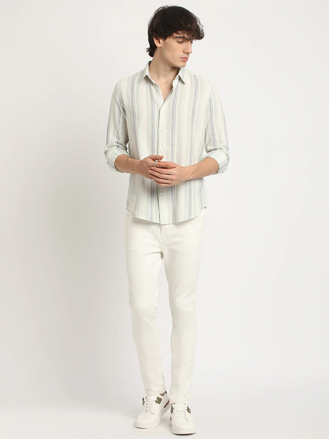 Men Multicolored Stripe Slim Fit Cotton Casual Shirt - Image 5