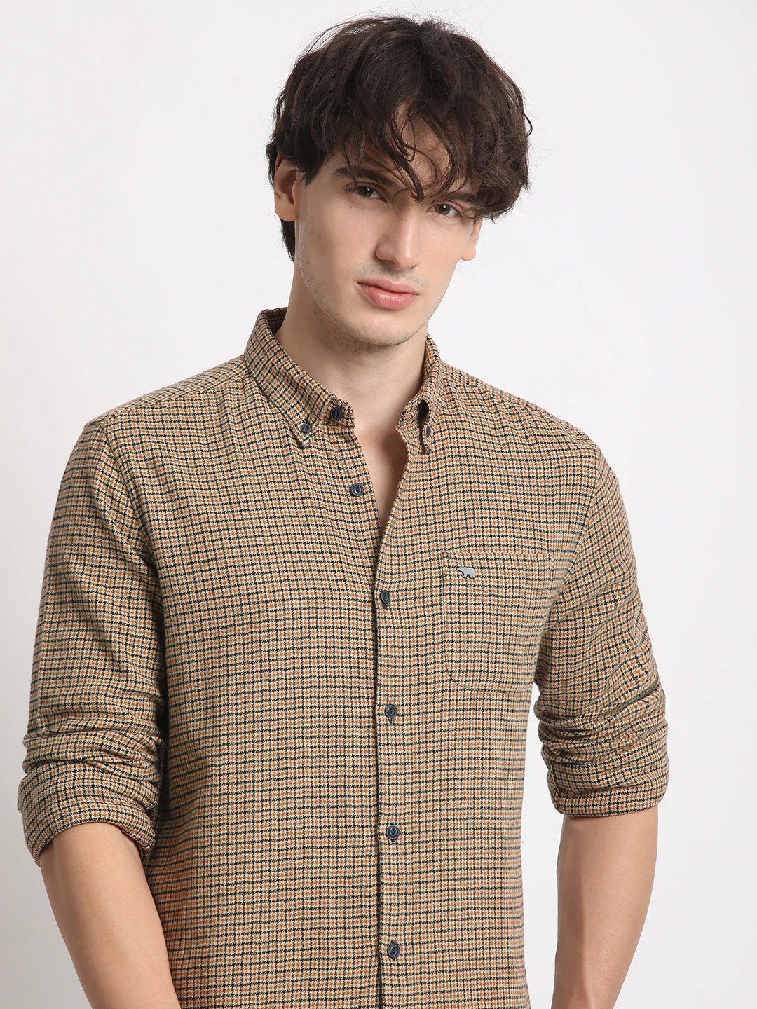 Men Mustard Checked Slim Fit Casual Shirt