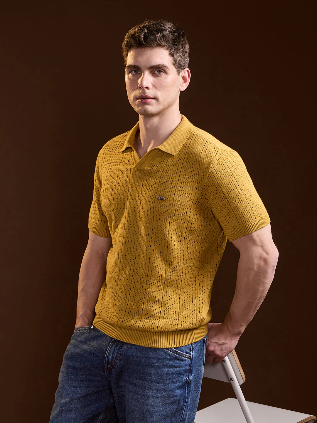 Men Mustard Perforated Texture Design Slim Fit Polo