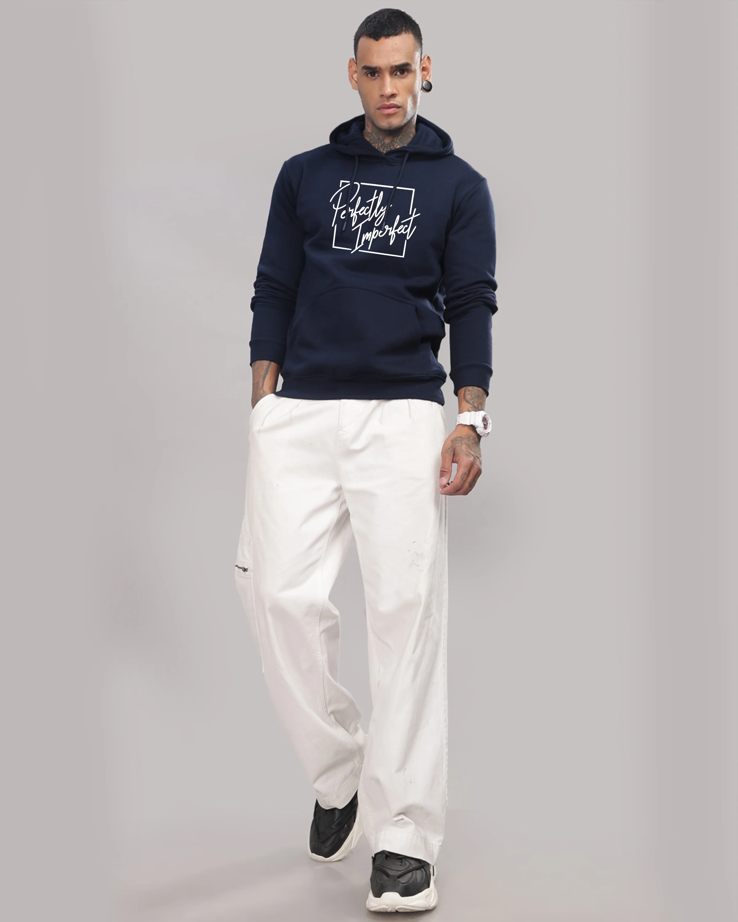 Men Navy Blue Printed Hoodie
