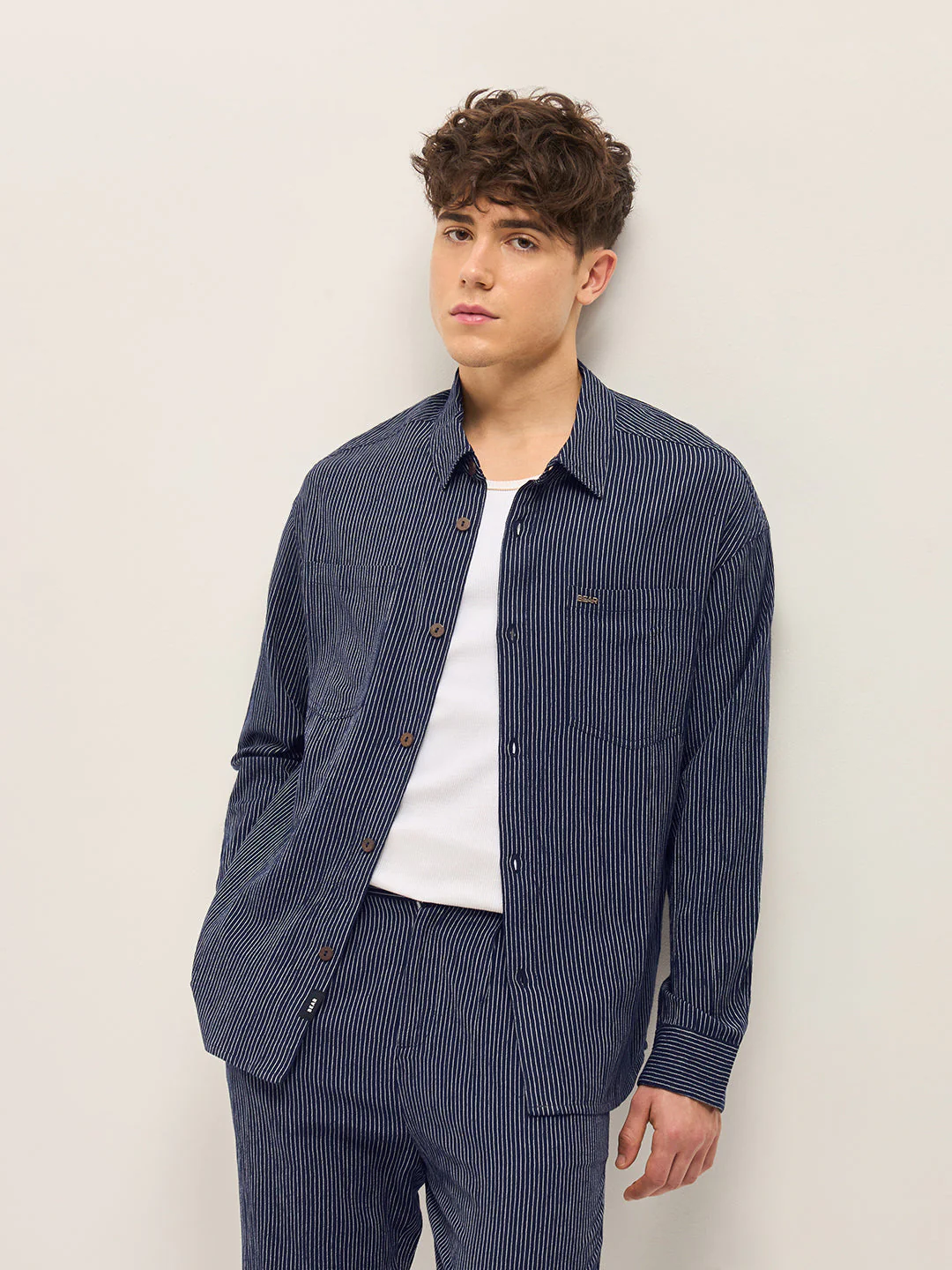 Men Navy Pinstripes Regular Fit Casual Shirt