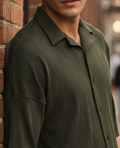 Men Olive Button Down Collar Shirt - Image 4