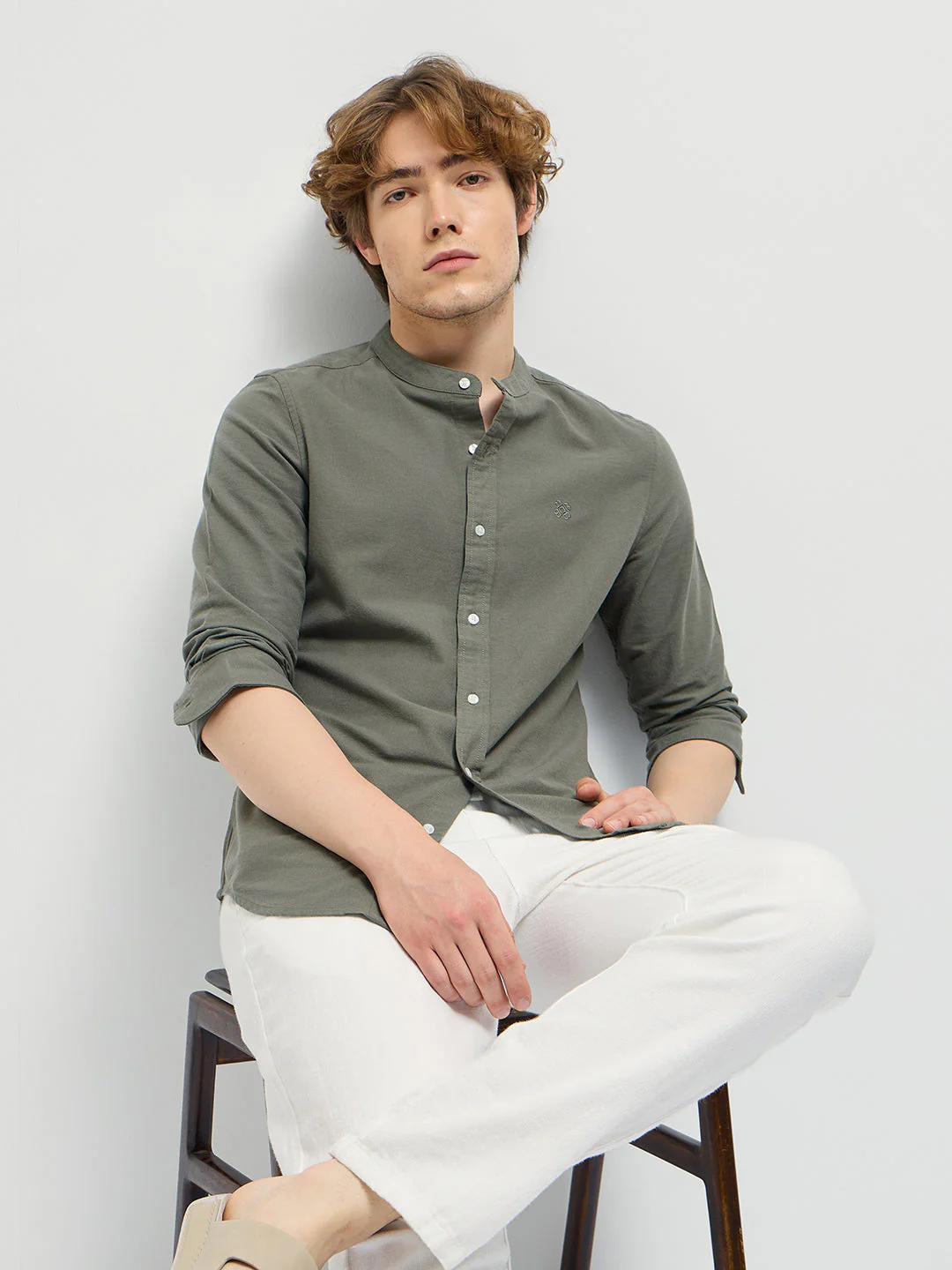 Men Olive Green Mandarin Collar Slim Fit Casual Shirt
