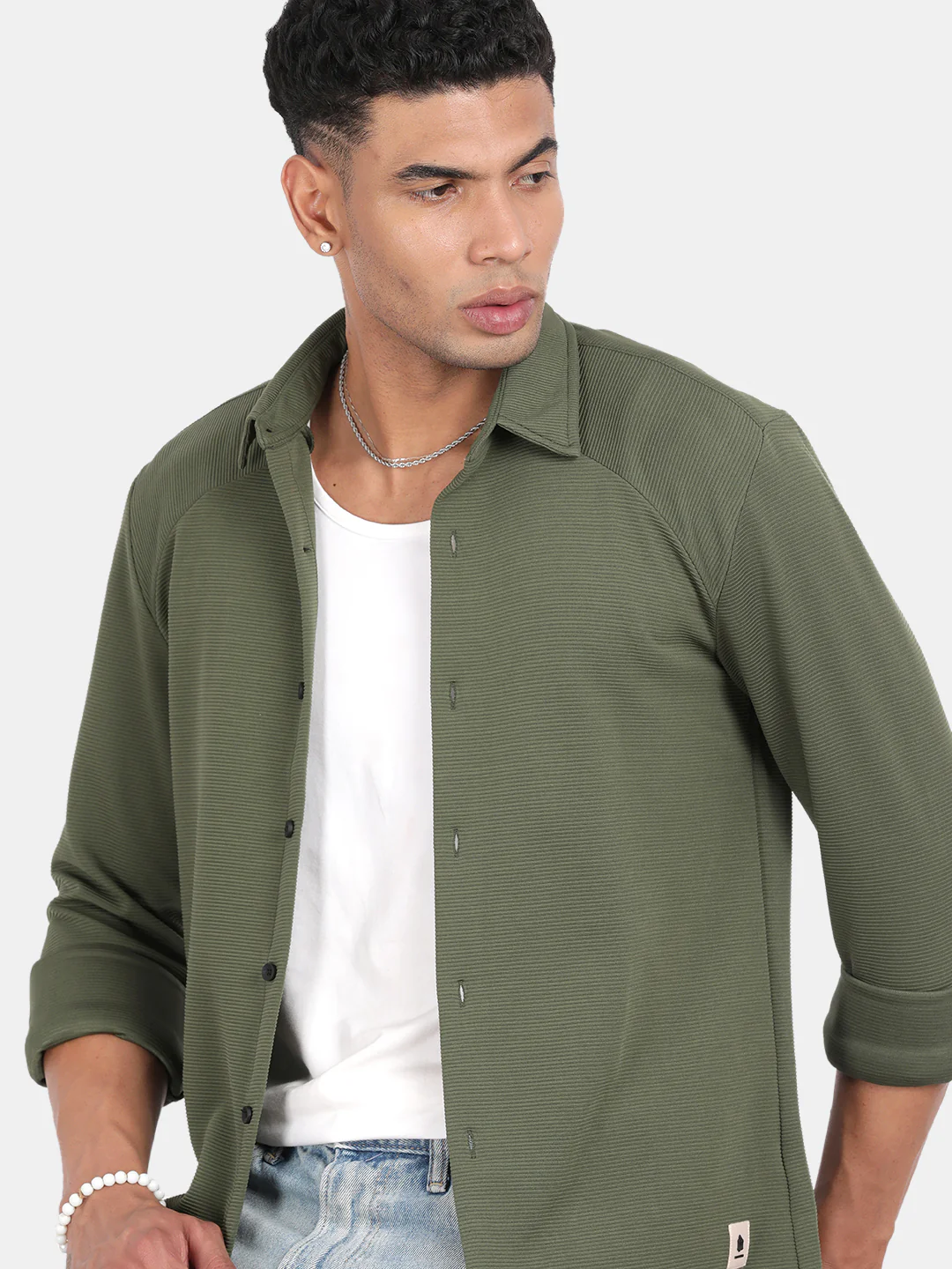 Men Olive Slim Fit Spread Collar Full Sleeve Casual Shirt