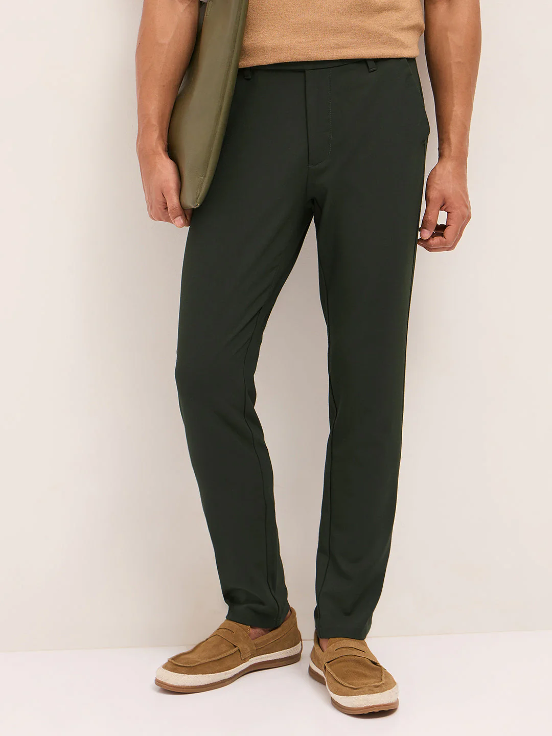 Men Olive Solid Polyester Blend Slim Fit Formal Trousers