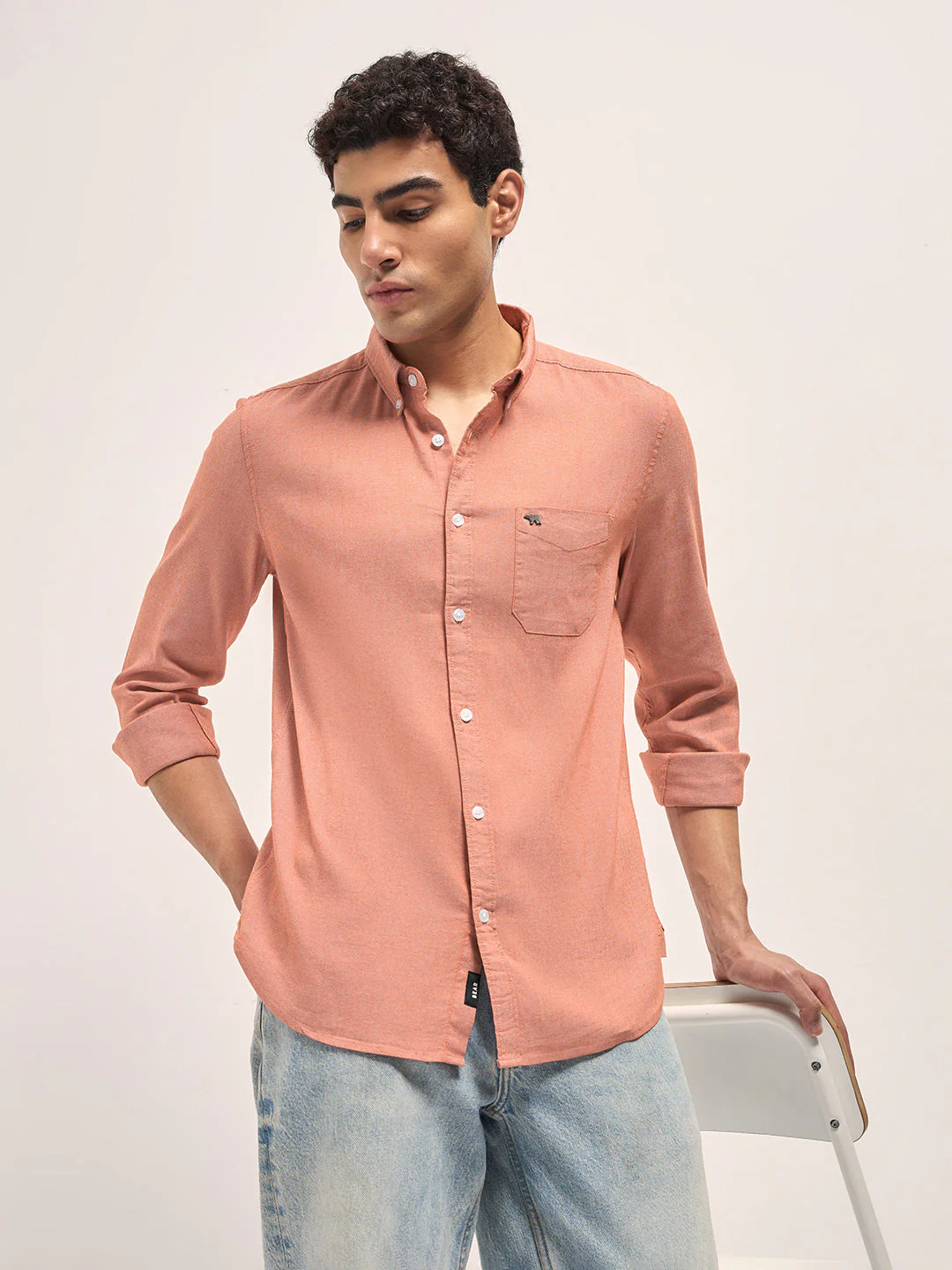 Men Orange Solid Cotton Blend Slim Fit Casual Shirt