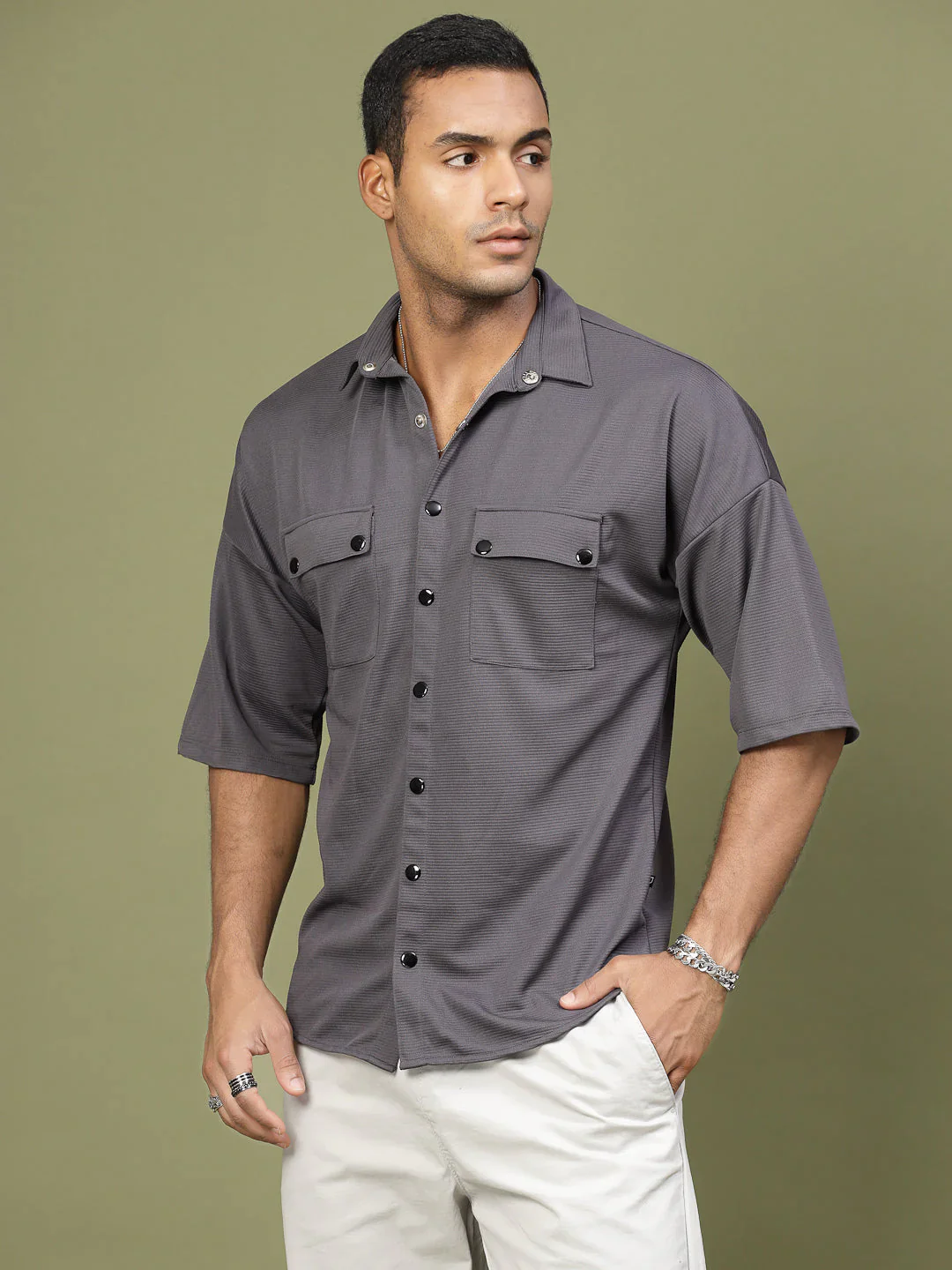 Men Oversized Utility Polyester Shirt