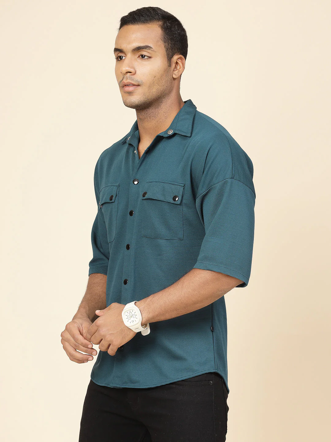 Men Oversized Utility Polyester Shirt