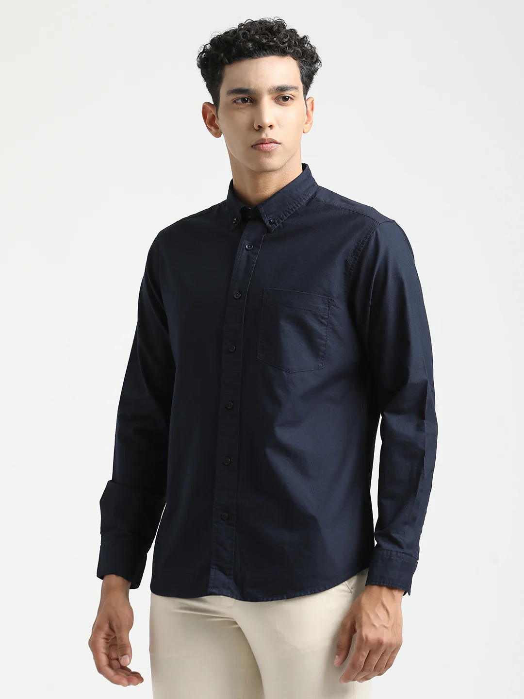 Men Oxford Cotton Shirt with Button-Down Collar