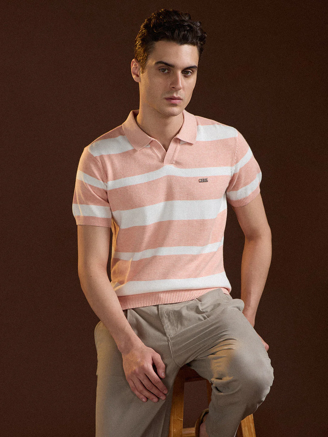 Men Peach Striped Slim Fit Polo