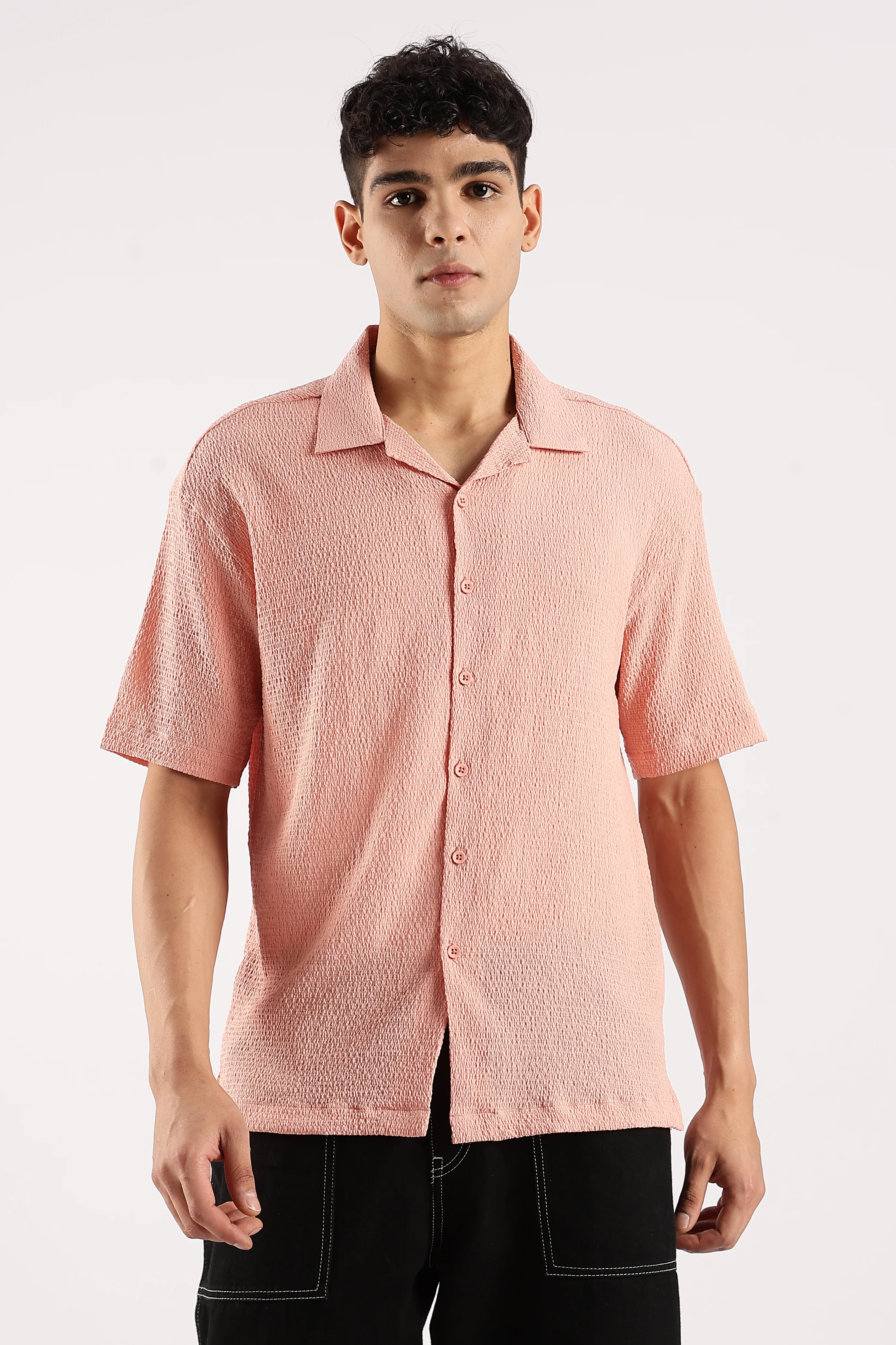 Men Peach Poly Textured Shirt