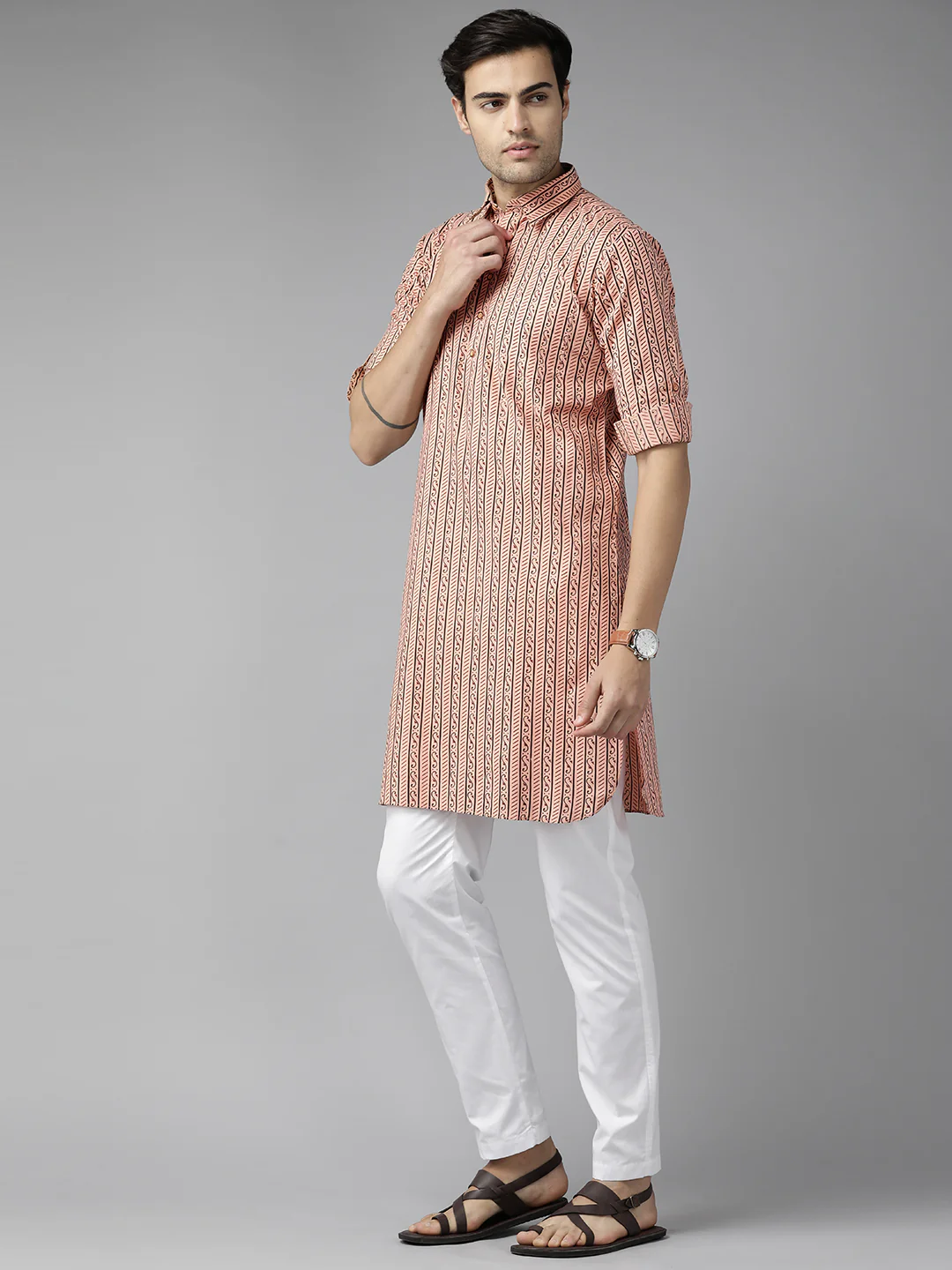 Men Peach Regular Pure Cotton Pathani Printed Men'S Kurta