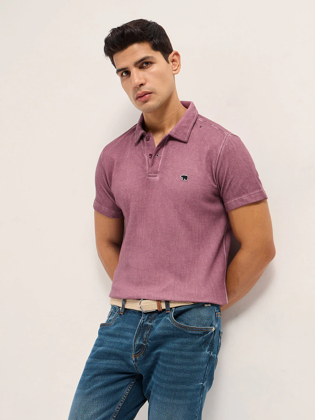 Men Pink Textured Knit Slim Fit Polo
