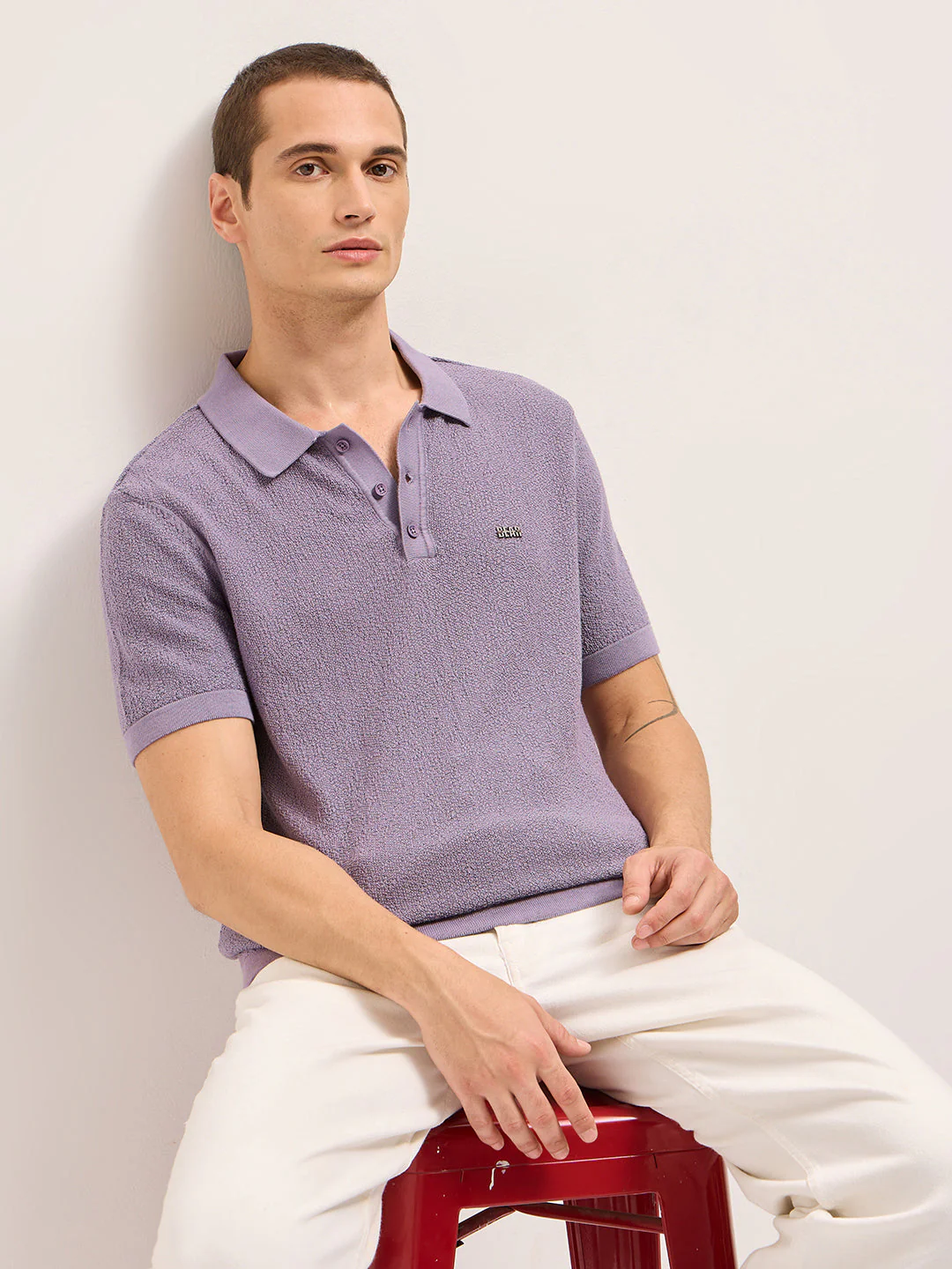 Men Purple Solid Texture Knit Design Regular Fit Polo