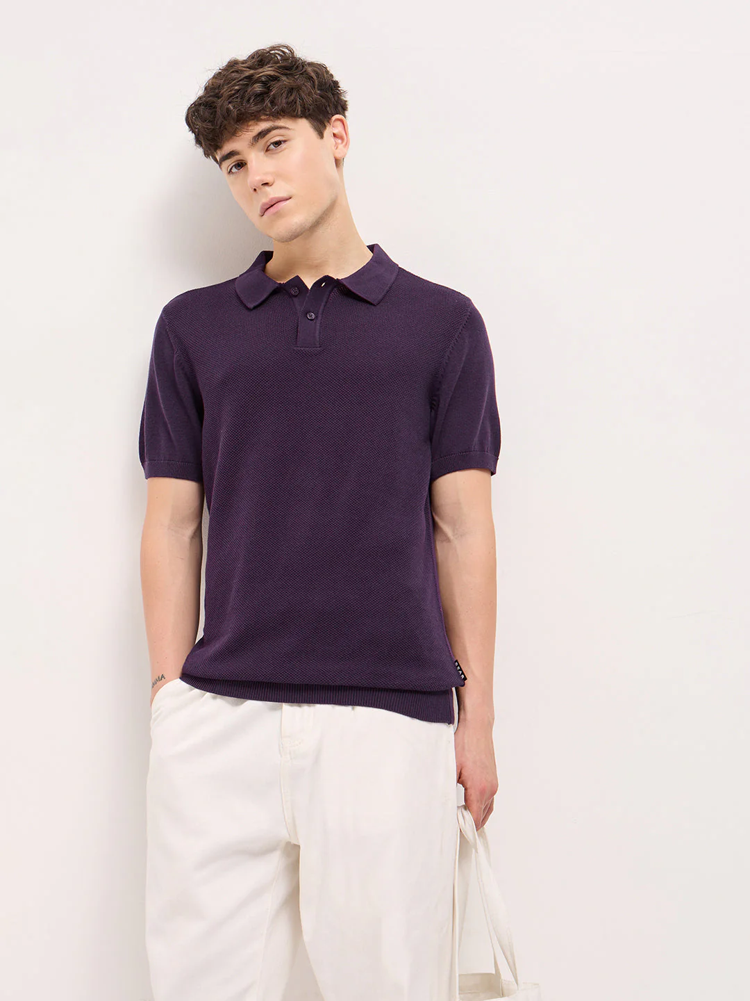 Men Purple Textured Knit Regular Fit Polo T-shirt