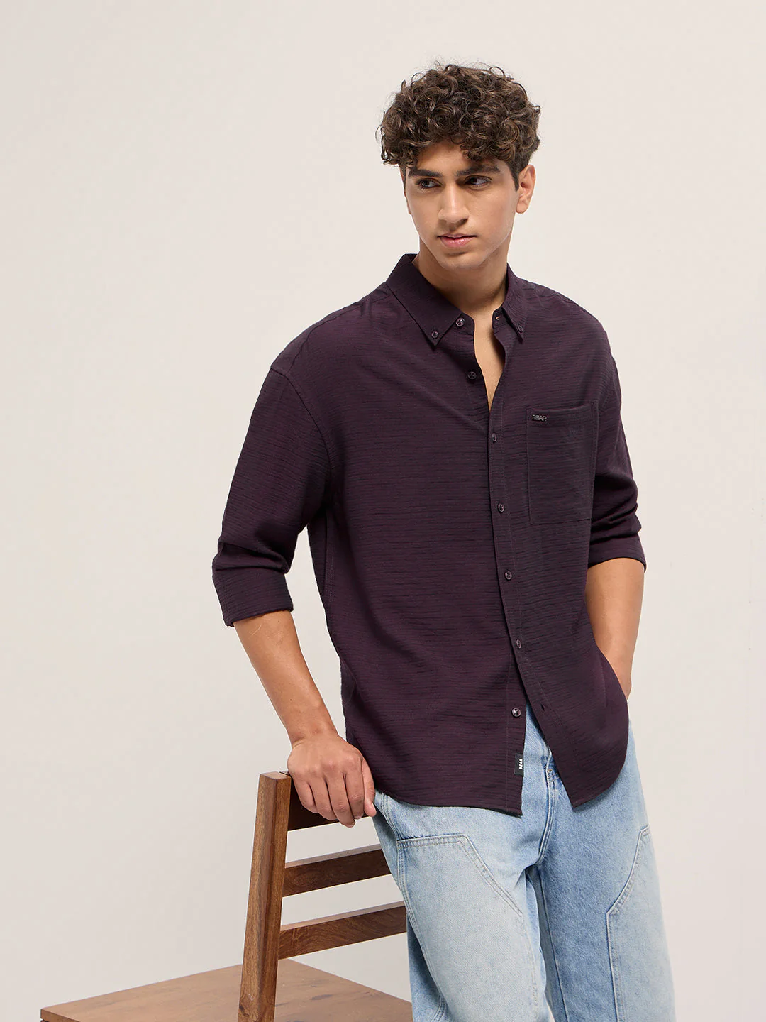 Men Purple Viscose Herringbone Design Relax Fit Casual shirt