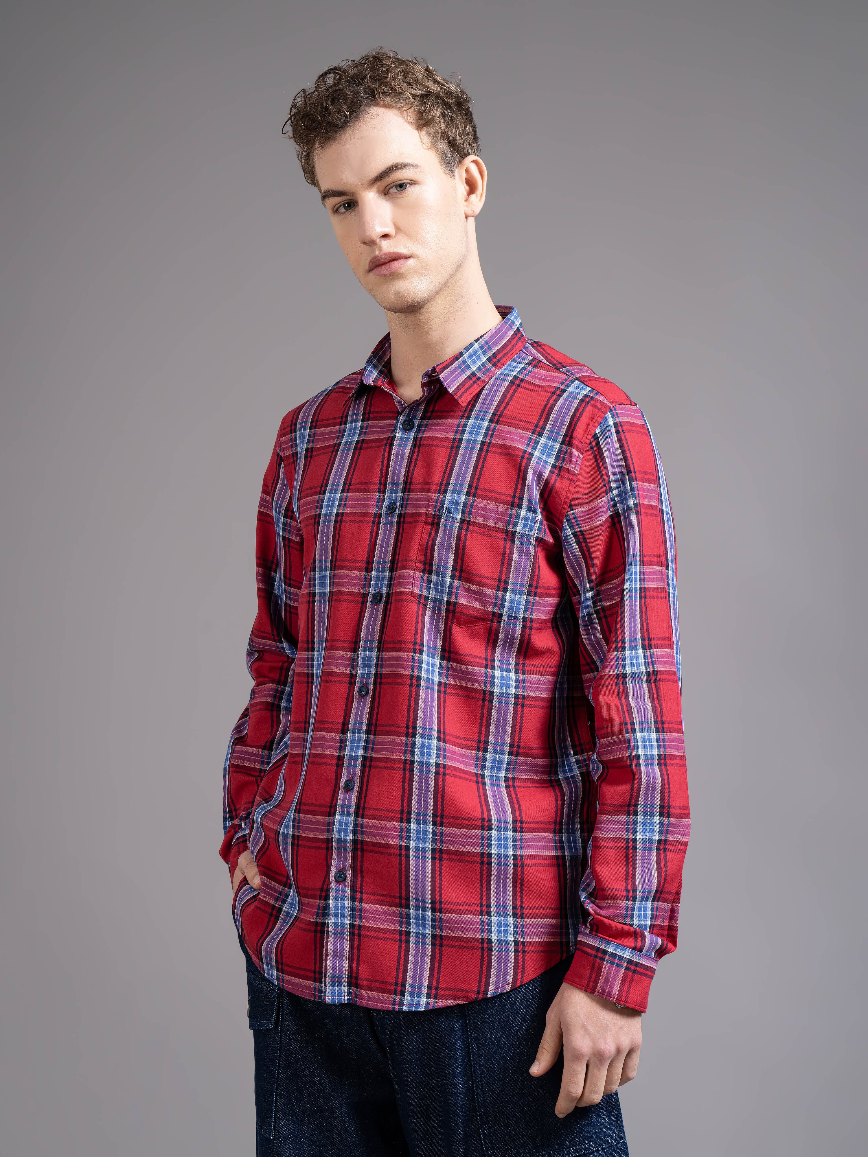 Men Red Checked Shirt