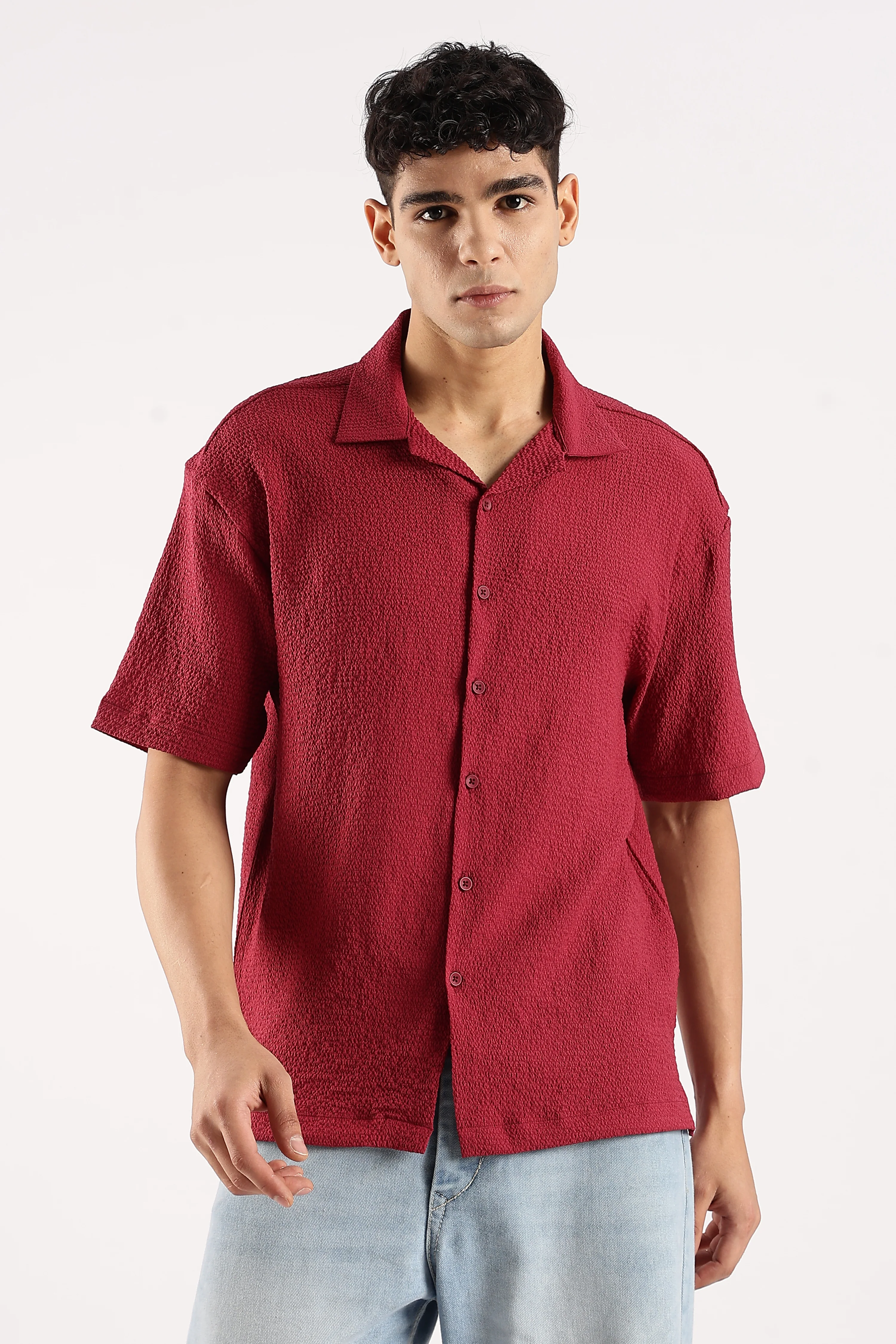 Men Red Poly Textured Shirt
