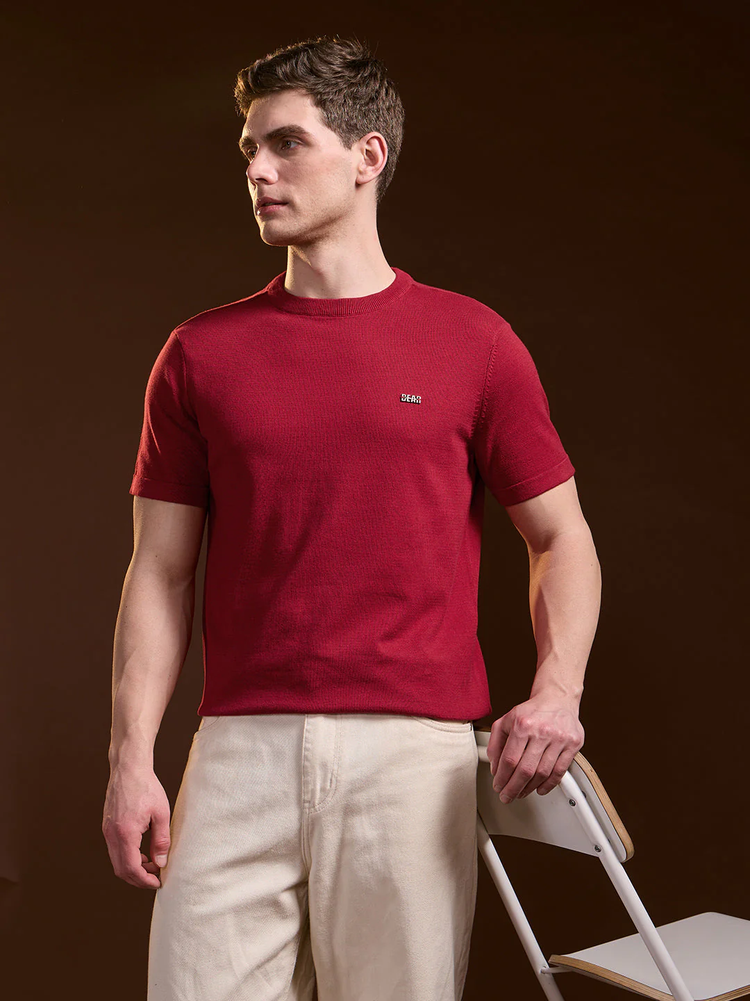 Men Red Solid Regular Fit Ribbed Crew Neck T-shirt