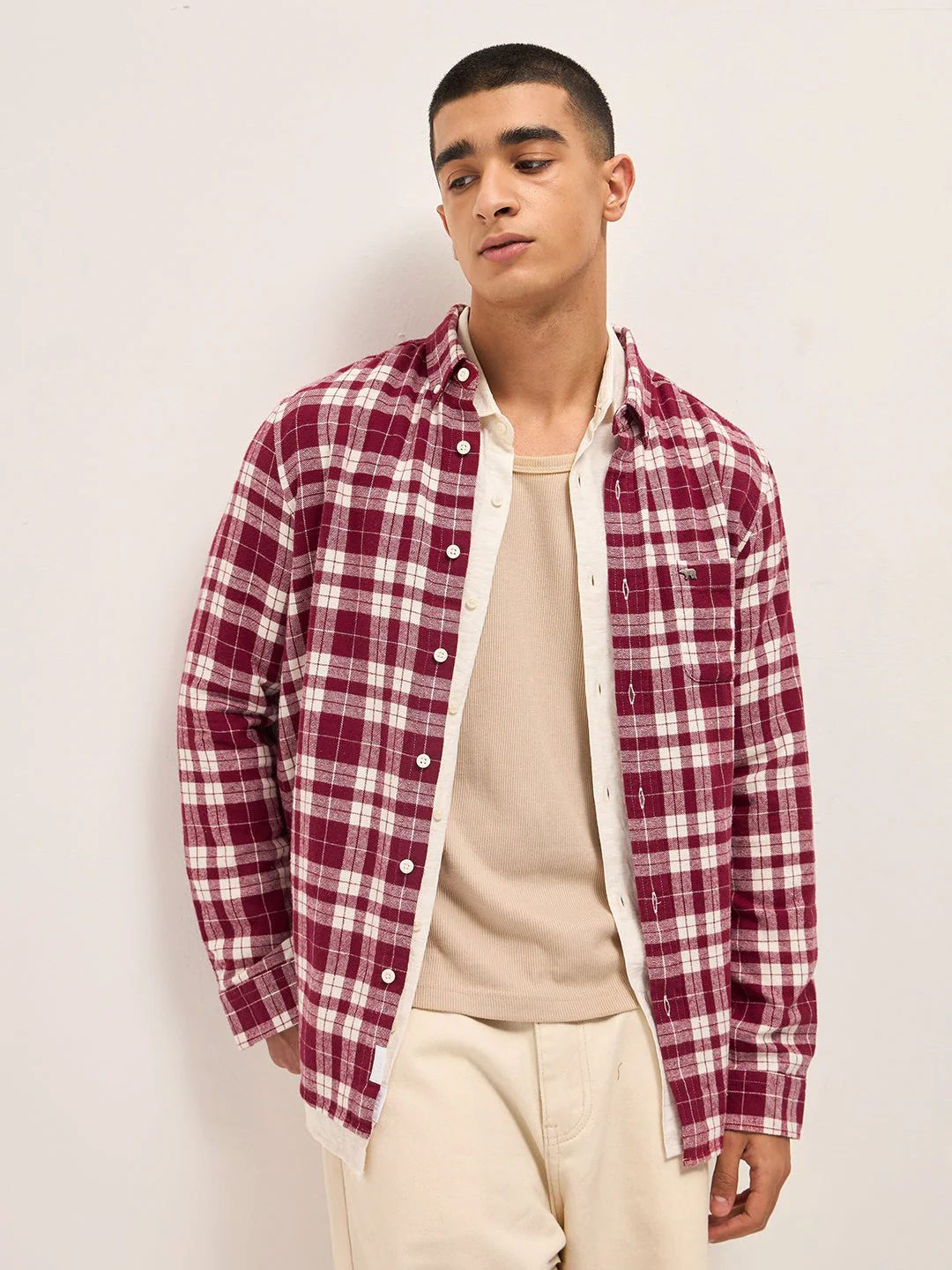 Men Red Tartan Check Slim Fit Casual Shirt
