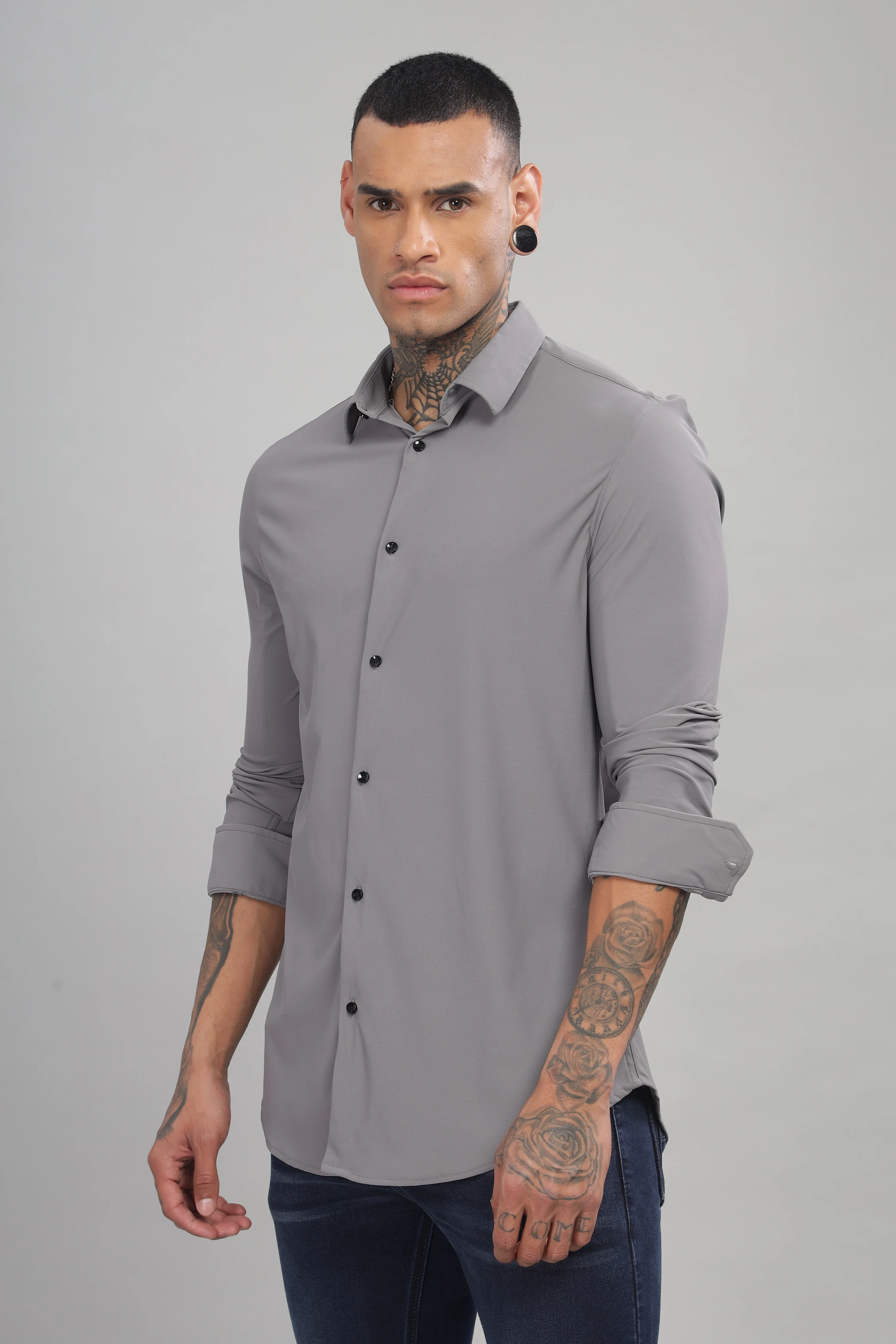 Men Grey Blue Slim Fit Shirt