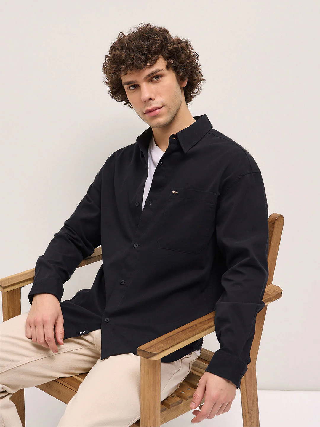 Men Shirt Classic Black Solid Relax Fit Overshirt