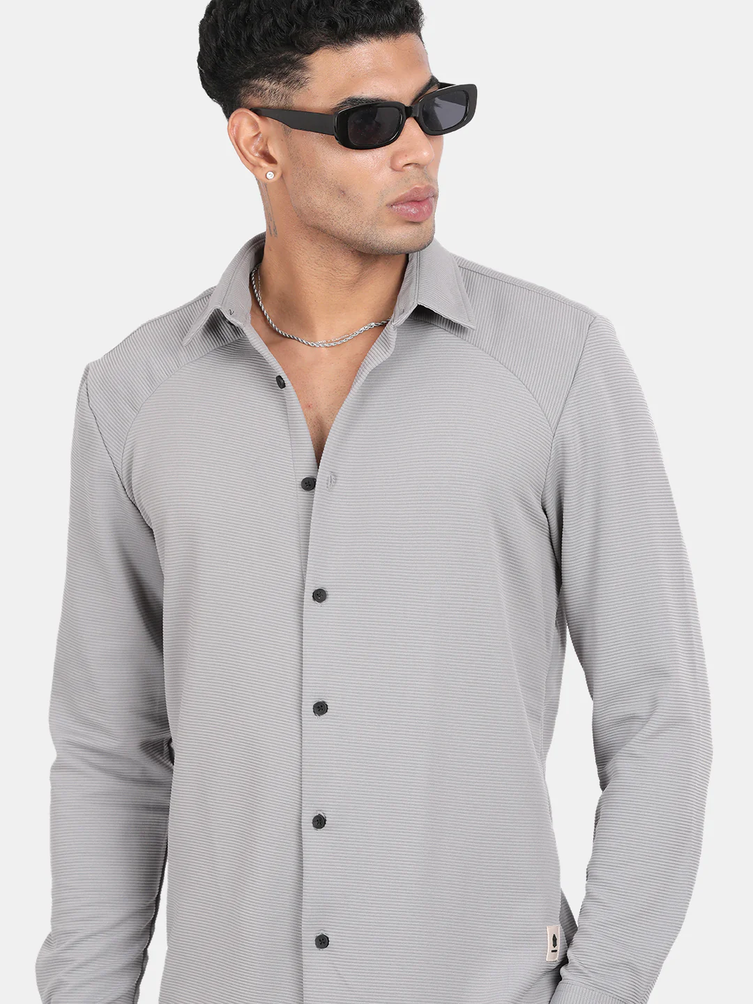 Men Silver Slim Fit Spread Collar Full Sleeve Casual Shirt