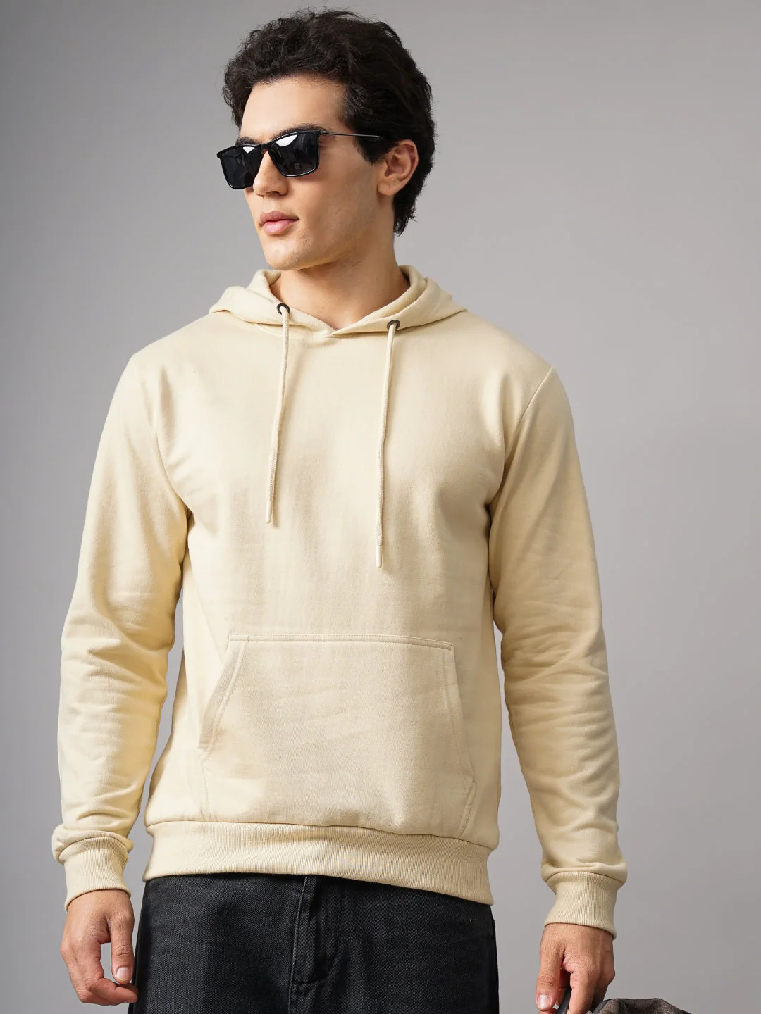 Men Solid Cream Hoodie