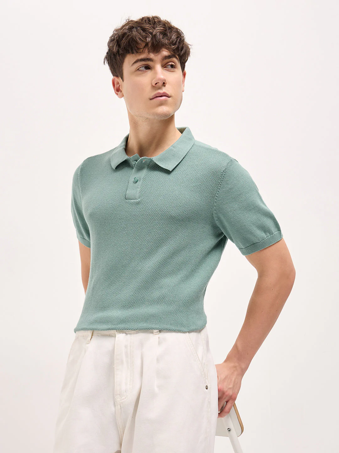 Men Teal Blue Textured Knit Regular Fit Polo T-shirt