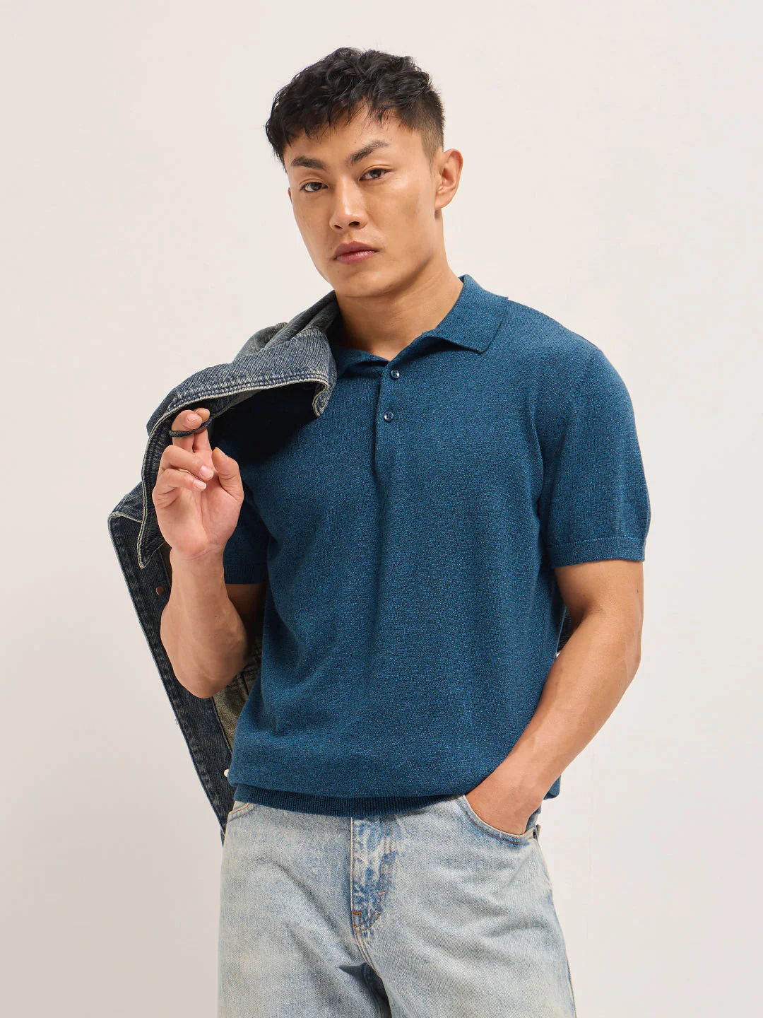 Men Teal Blue Textured Knit Solid Regular Fit Polo