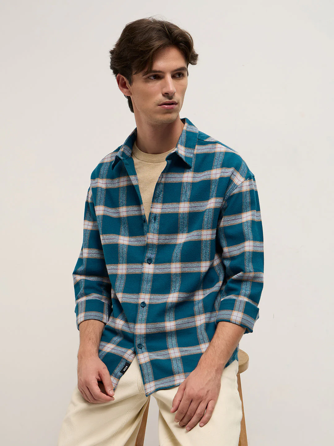 Men Teal Checked Flannel Woven Relaxed Fit Overshirt