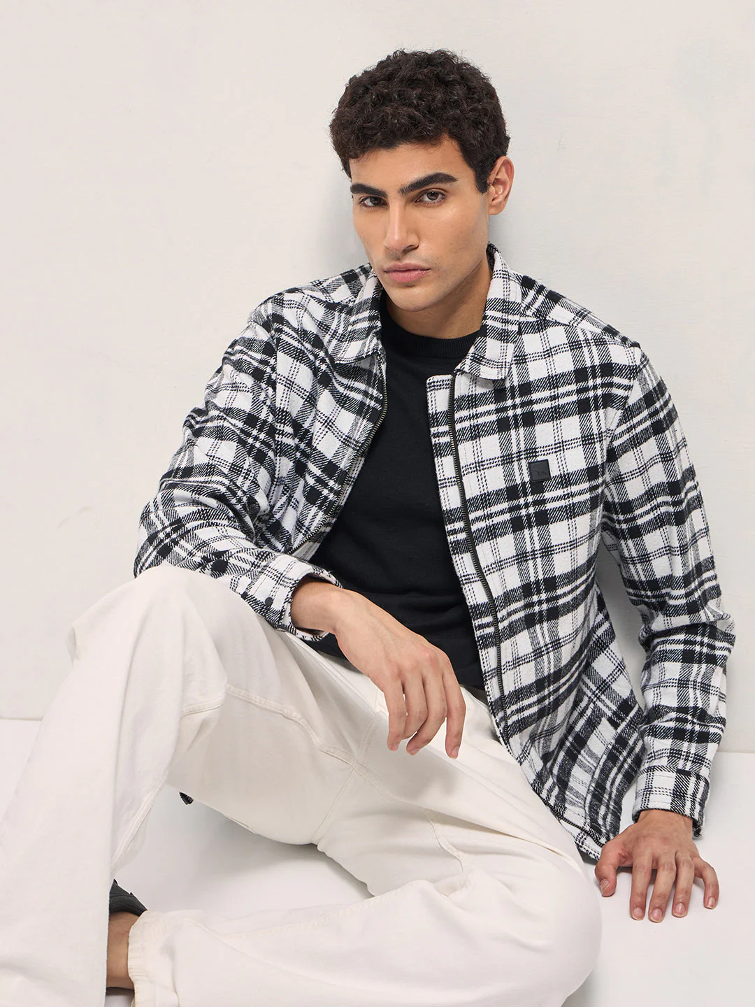 Men White & Black Regular Fit Flannel Check Jacket