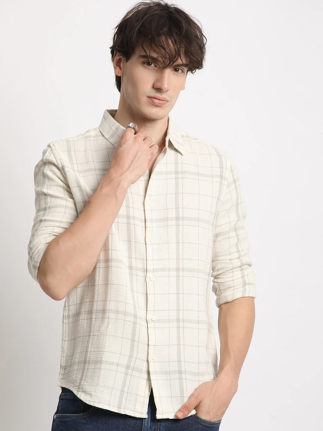 Men White Checked Slim Fit Cotton Casual Shirt