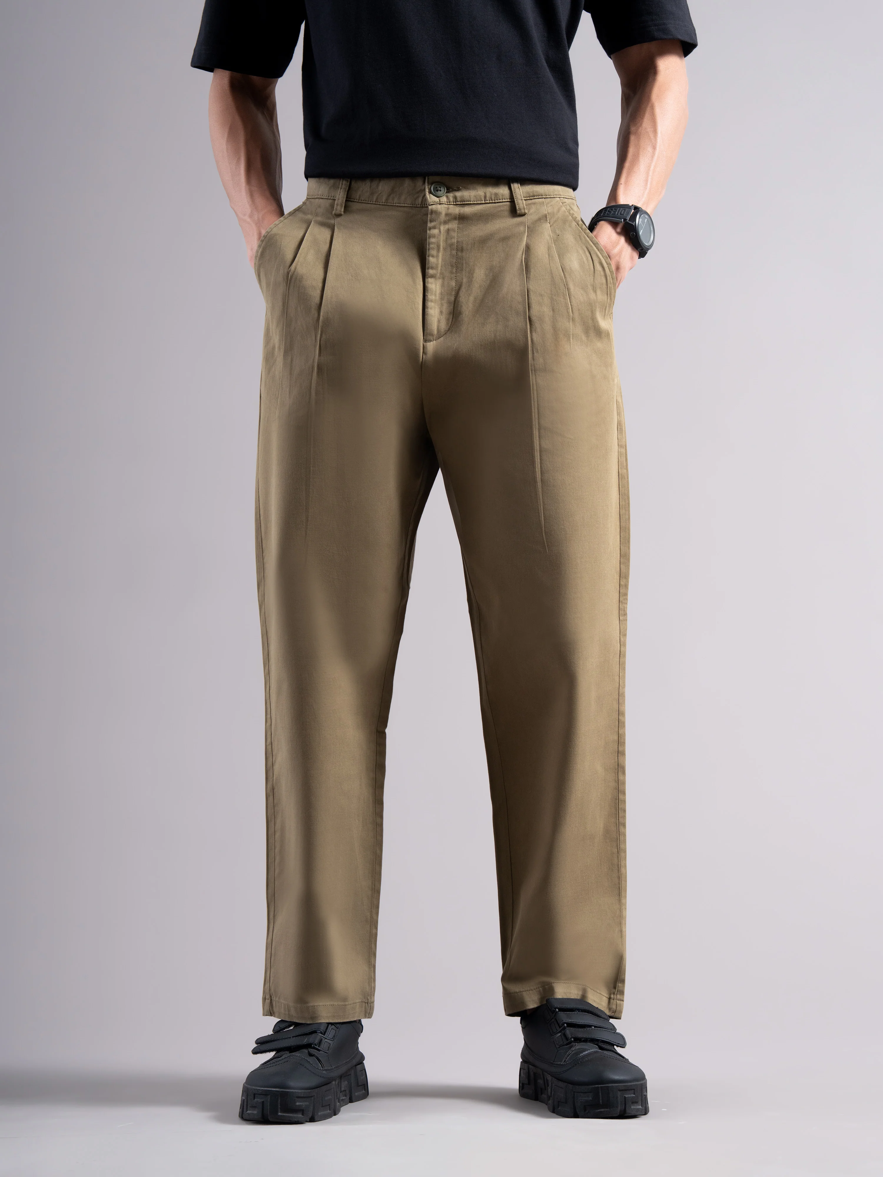 Men Khaki Elastic Waist Trousers