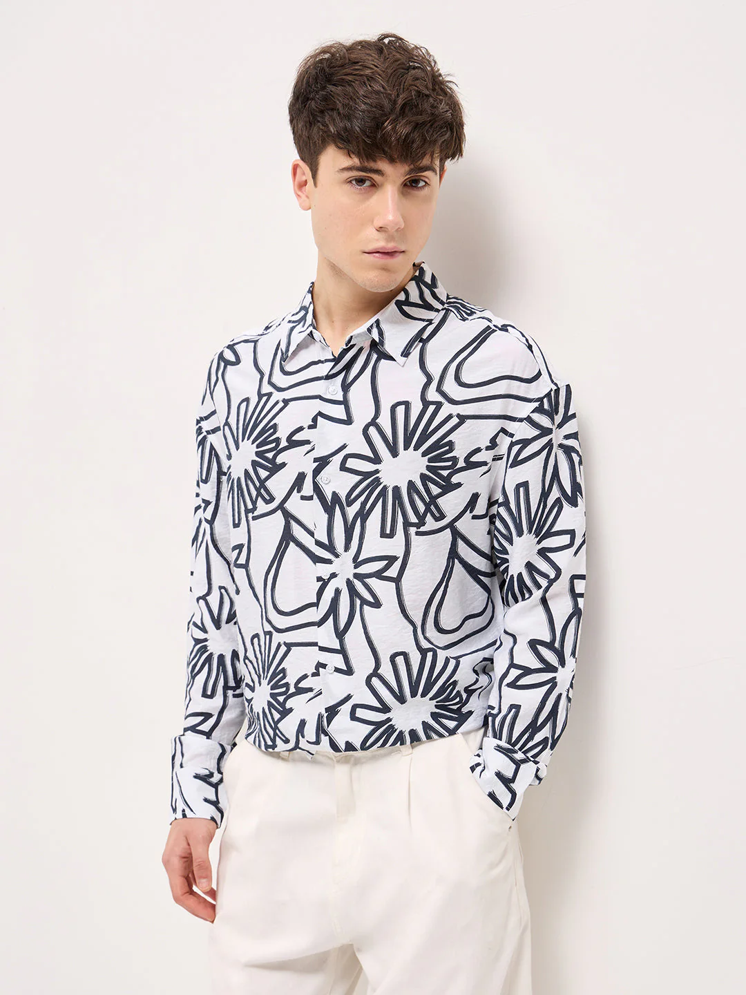 Men White Floral abstract printed Relax Fit Overshirt