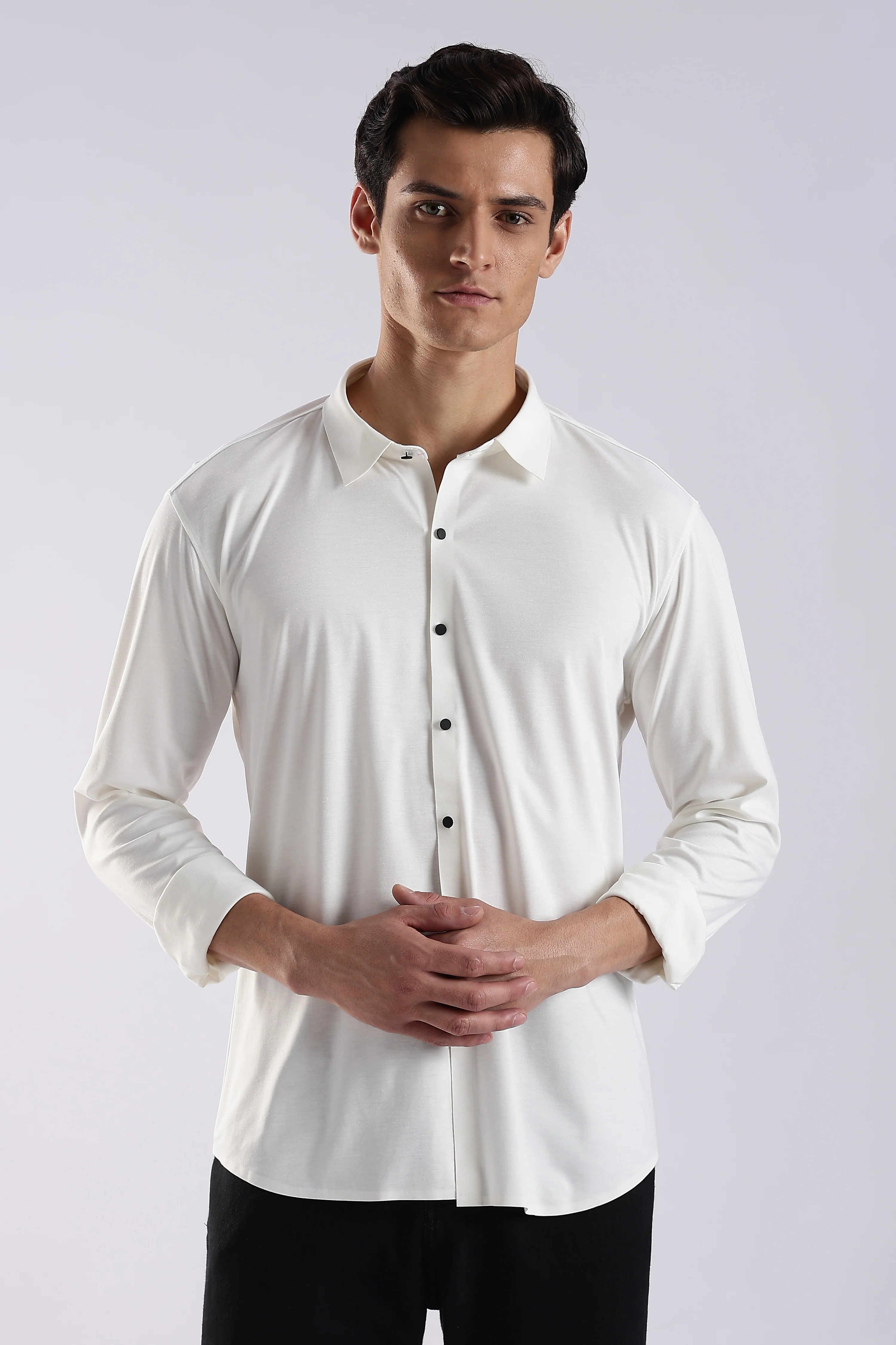 Men White Knitted Slim Fit Shirt