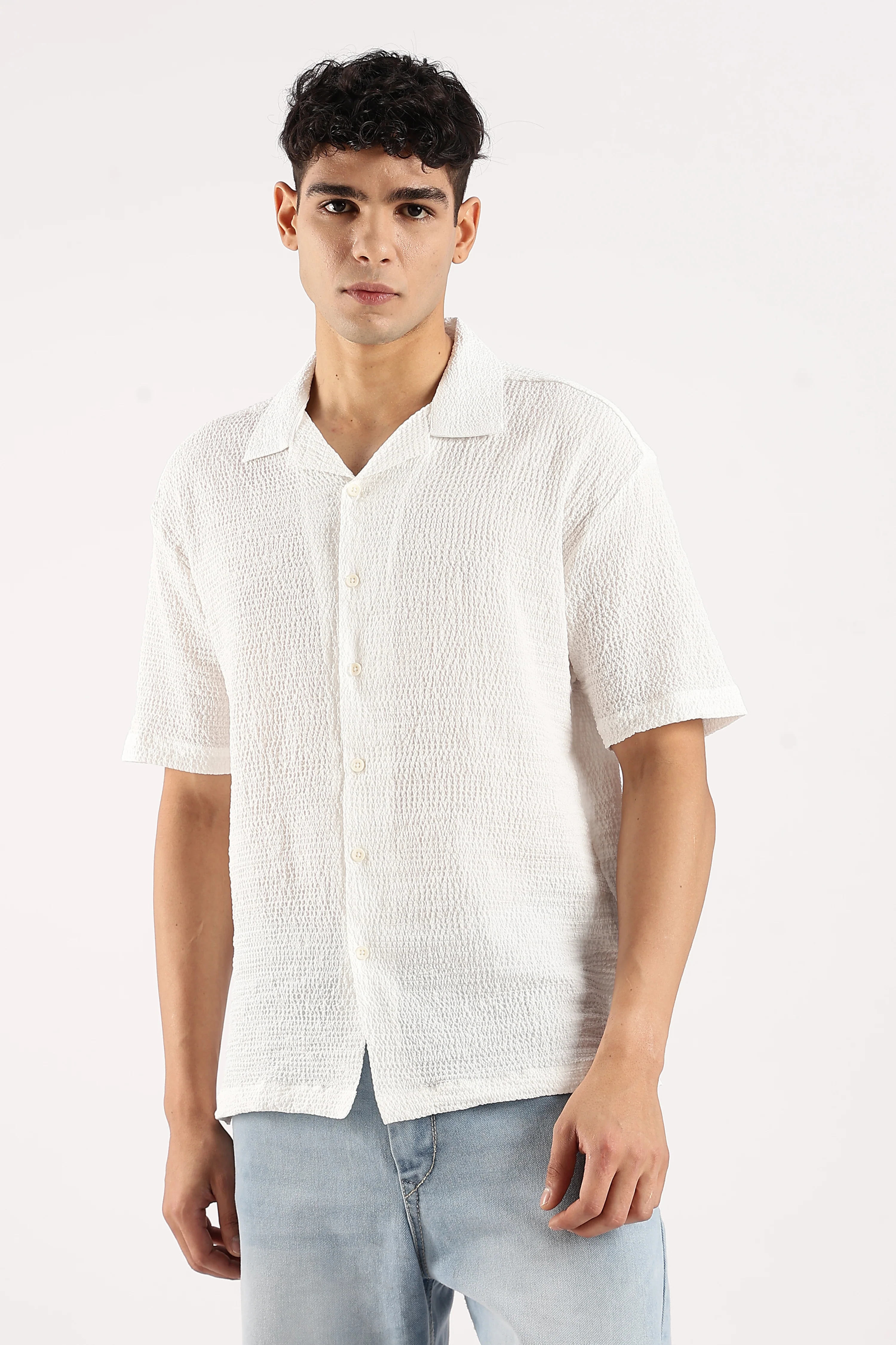 Men White Poly Textured Shirt