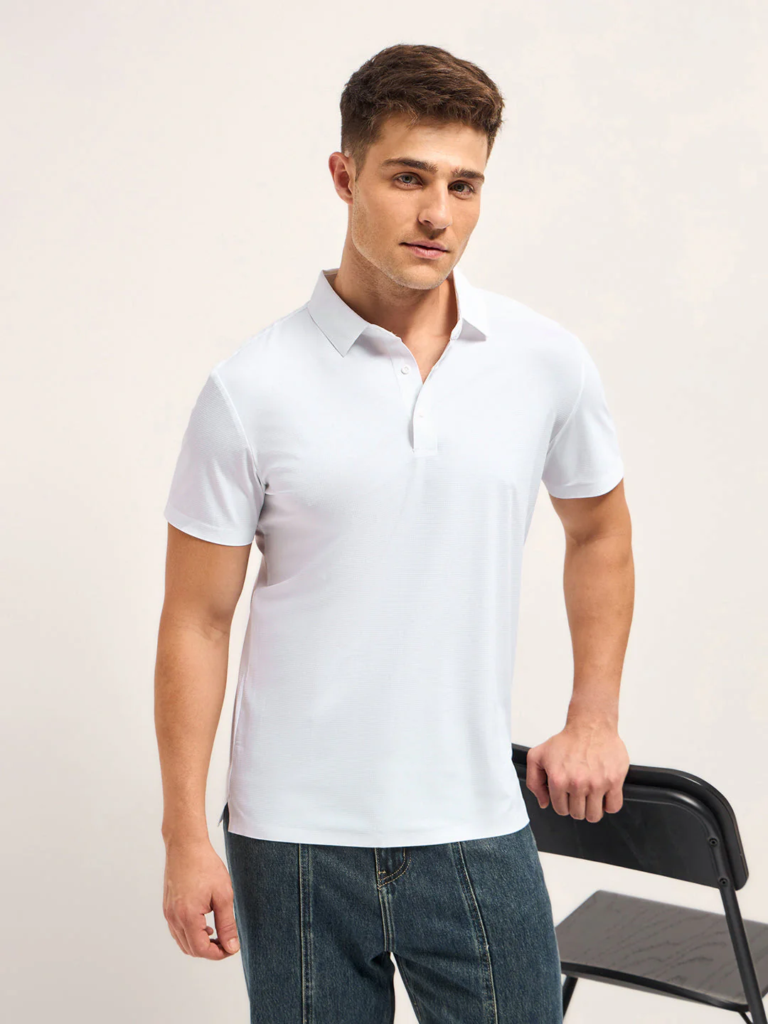 Men White Self Design Slim Fit Polo T-shirt