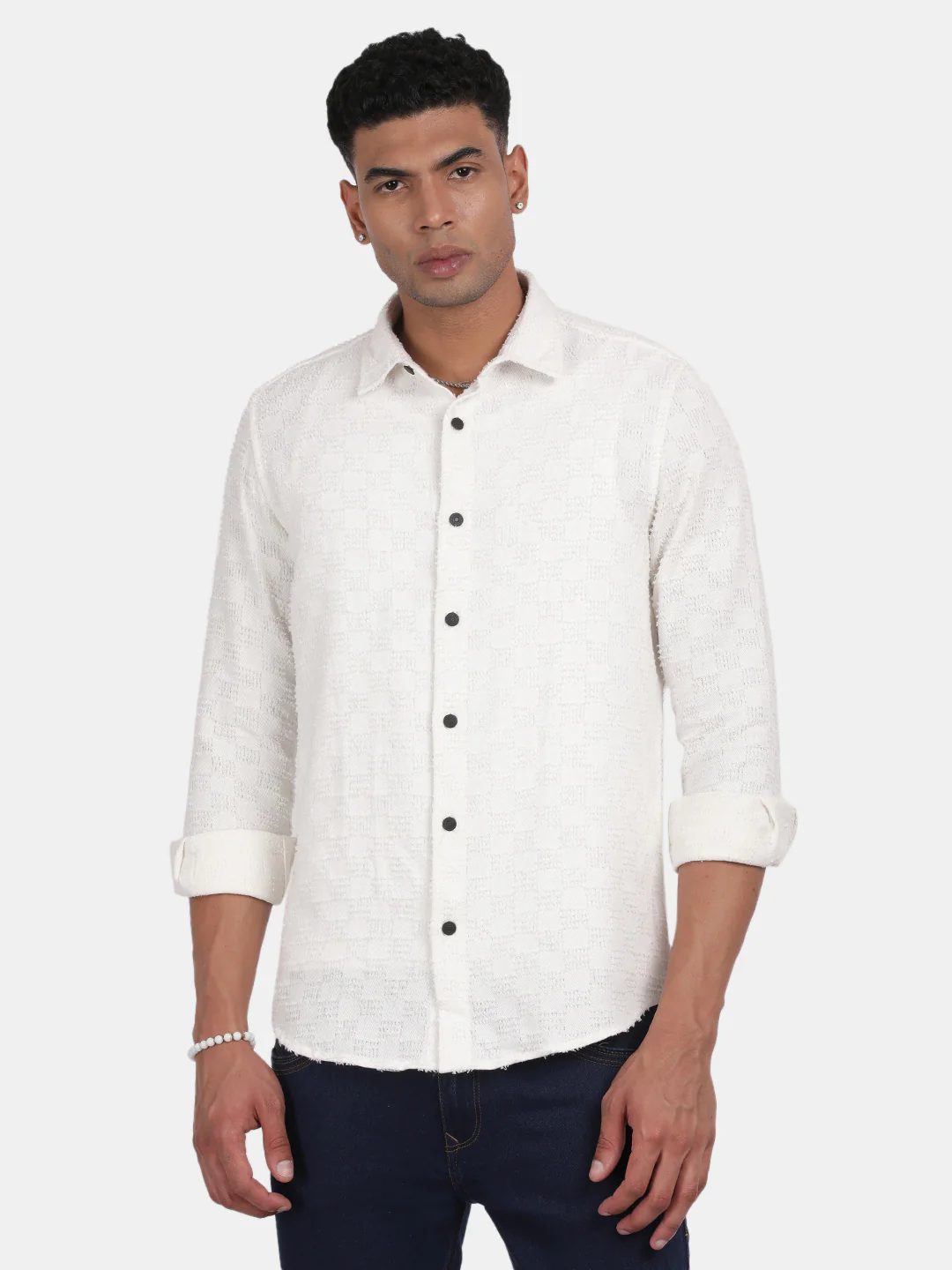 Men White Slim Fit Spread Collar Full Sleeve Casual Shirt