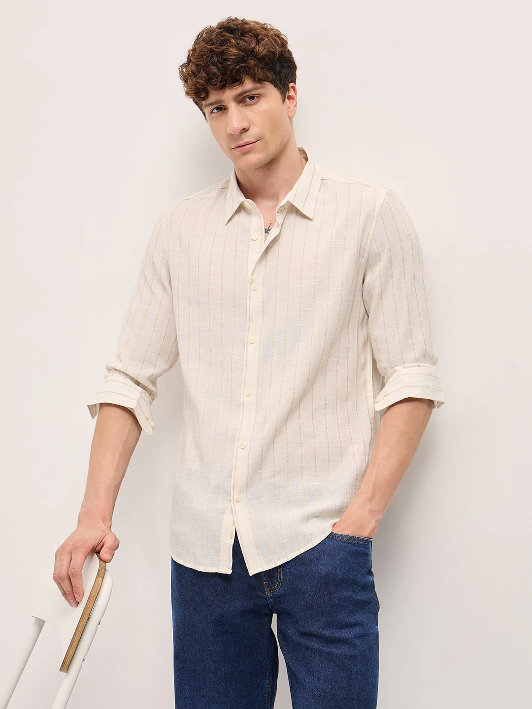 Men White Striped Slim Fit Casual Shirt