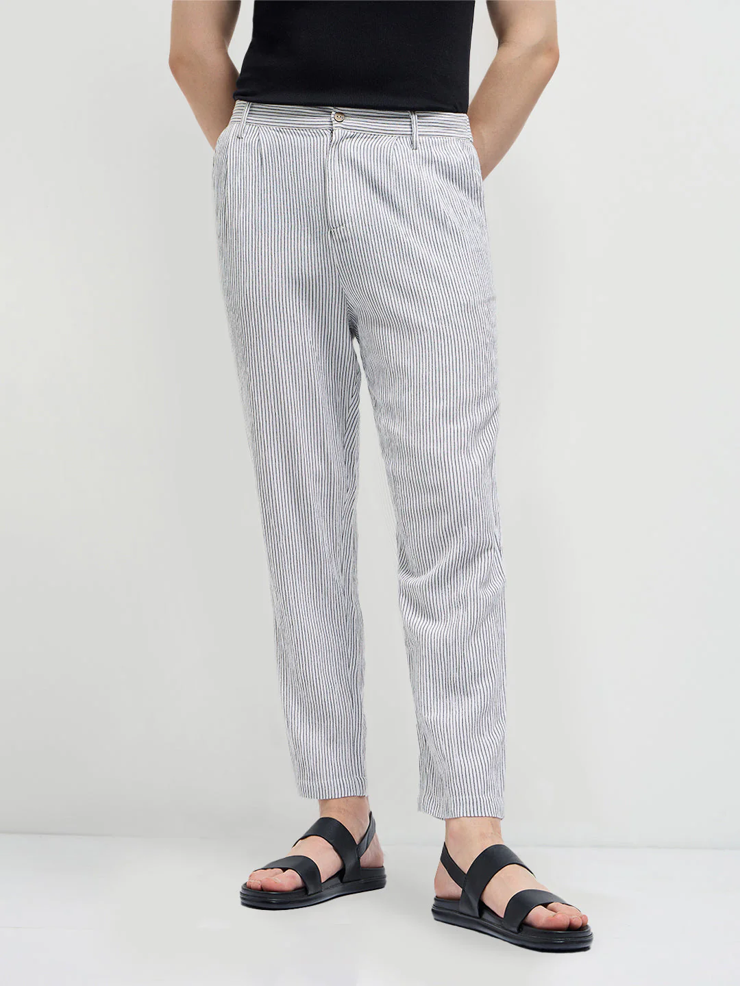 Men White Striped Slim Fit Casual Trousers