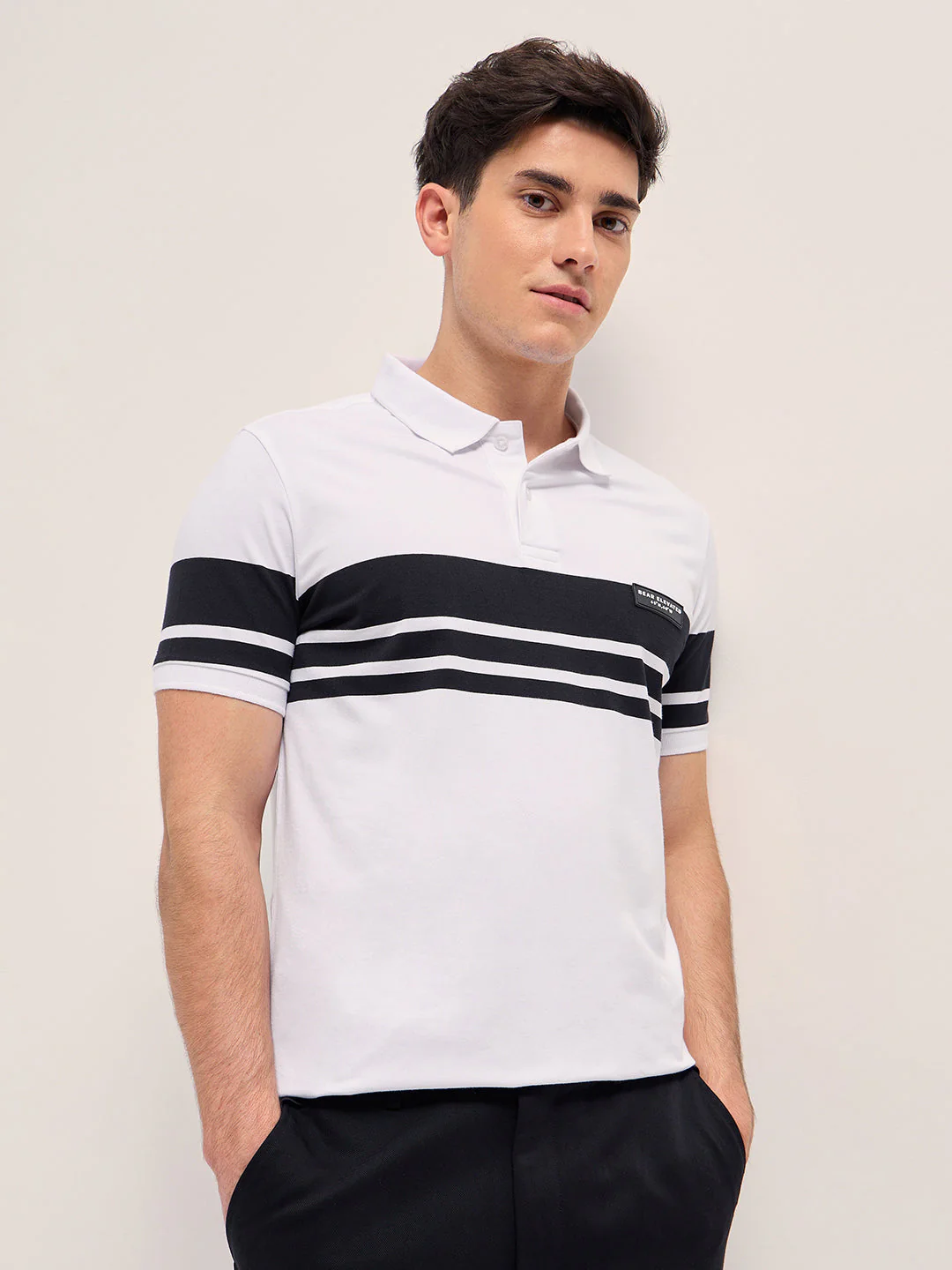 Men WhiteBlack Stripes Regular Fit Polo T-shirt