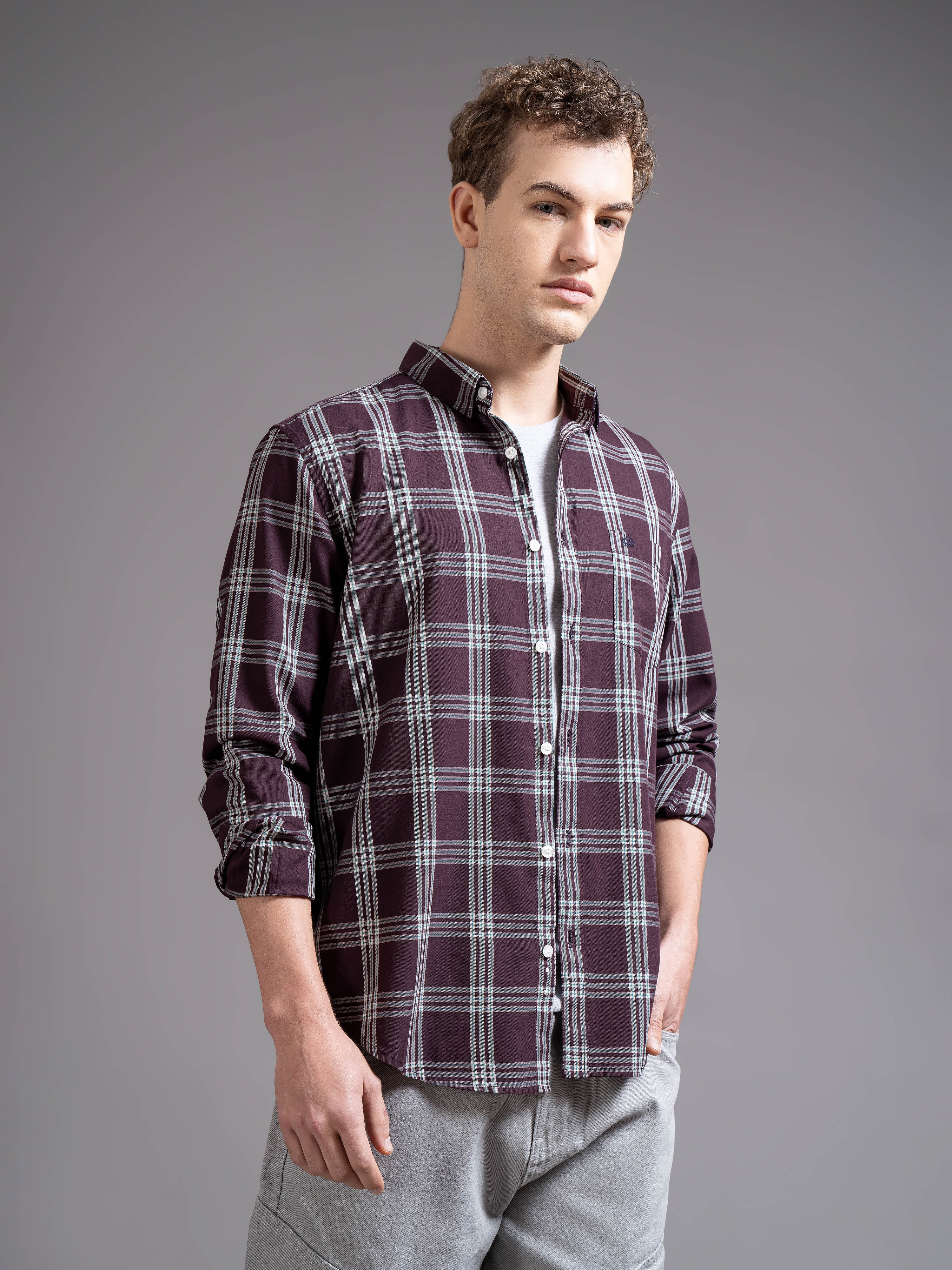 Men Wine Checked Shirt