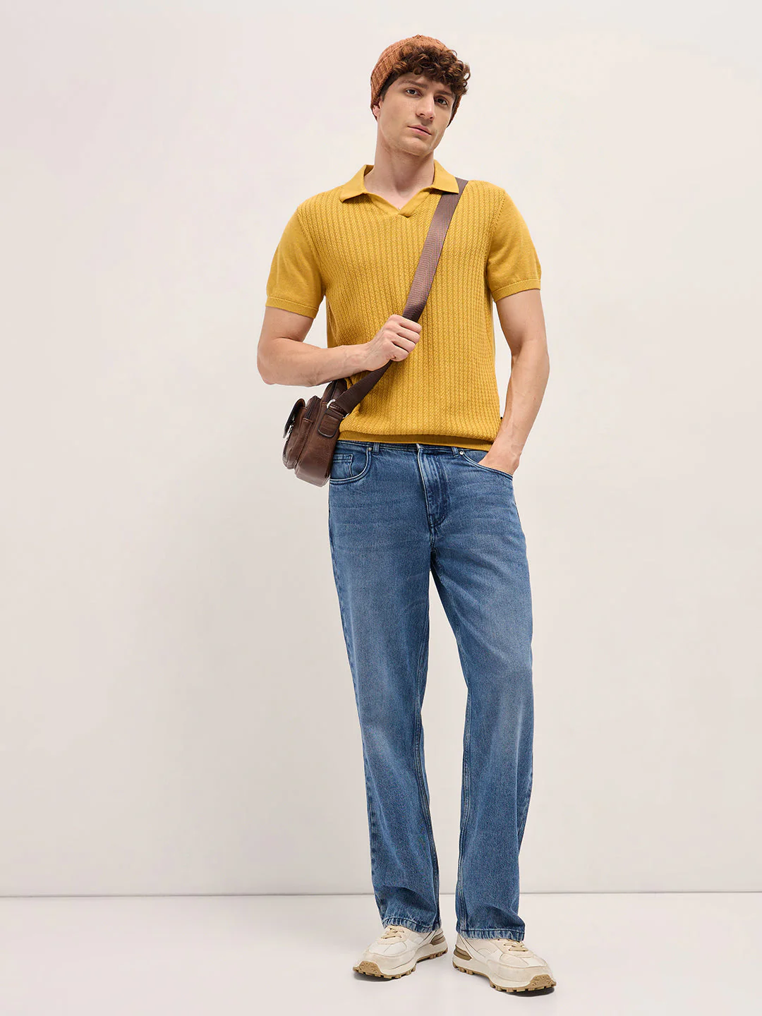 Men Yellow Ribbed Texture Design Slim Fit Polo - Image 4