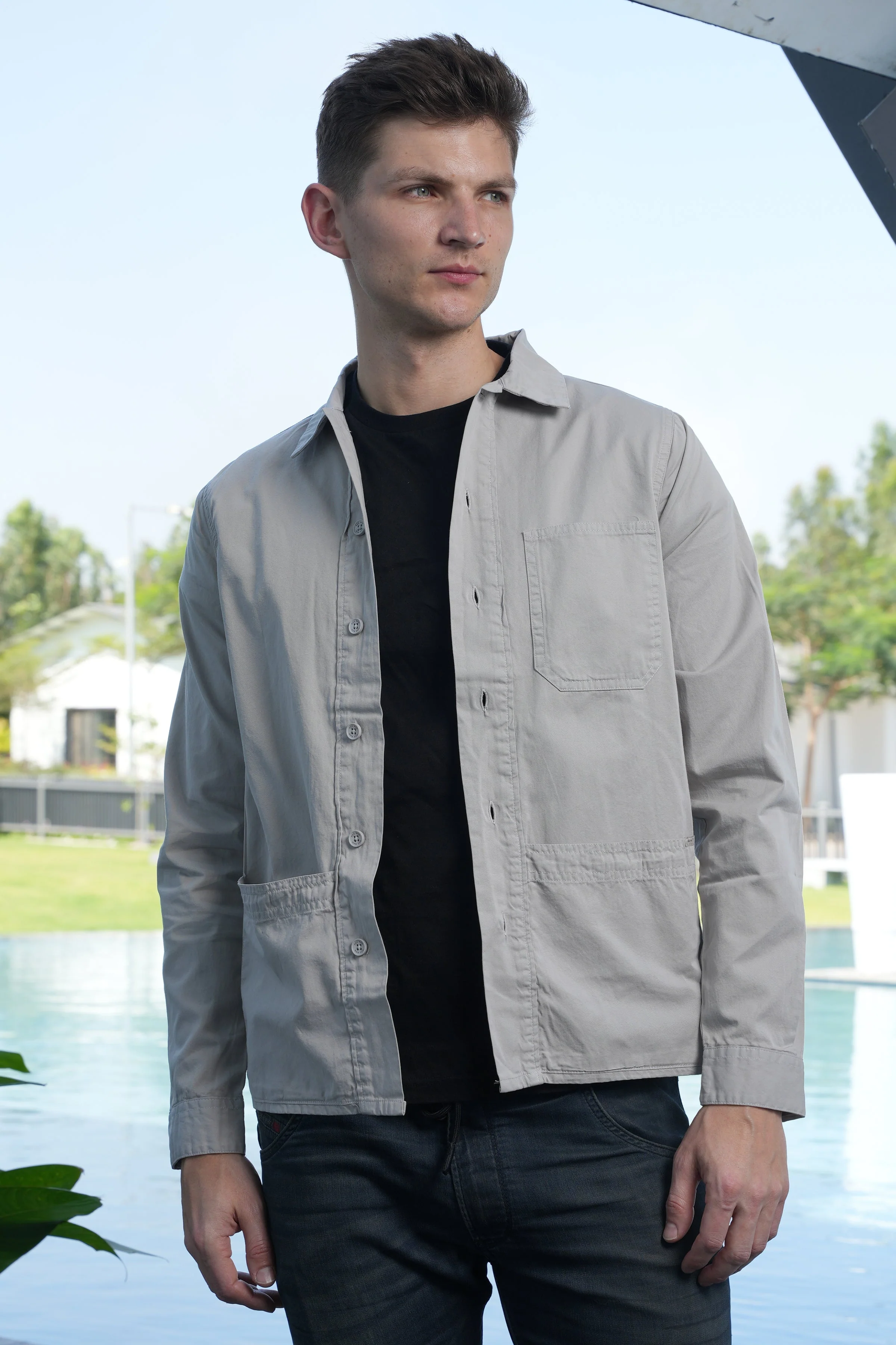 Men Zander Twill Overshirt Grey Fit