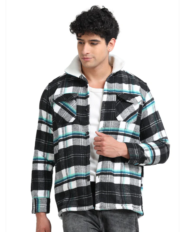Men Checkered Long Sleeve Fur Collared Casual Brushed OverShirt
