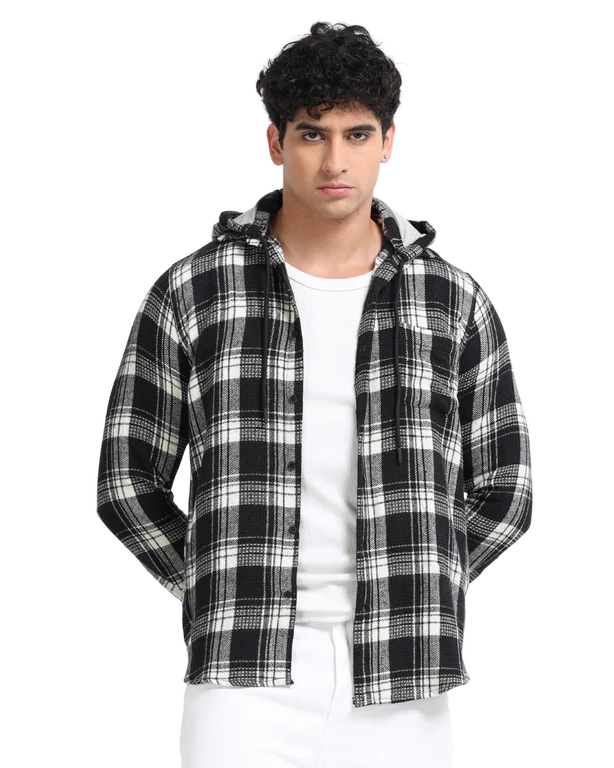 Men Checkered Long Sleeve Hooded Casual Shirt