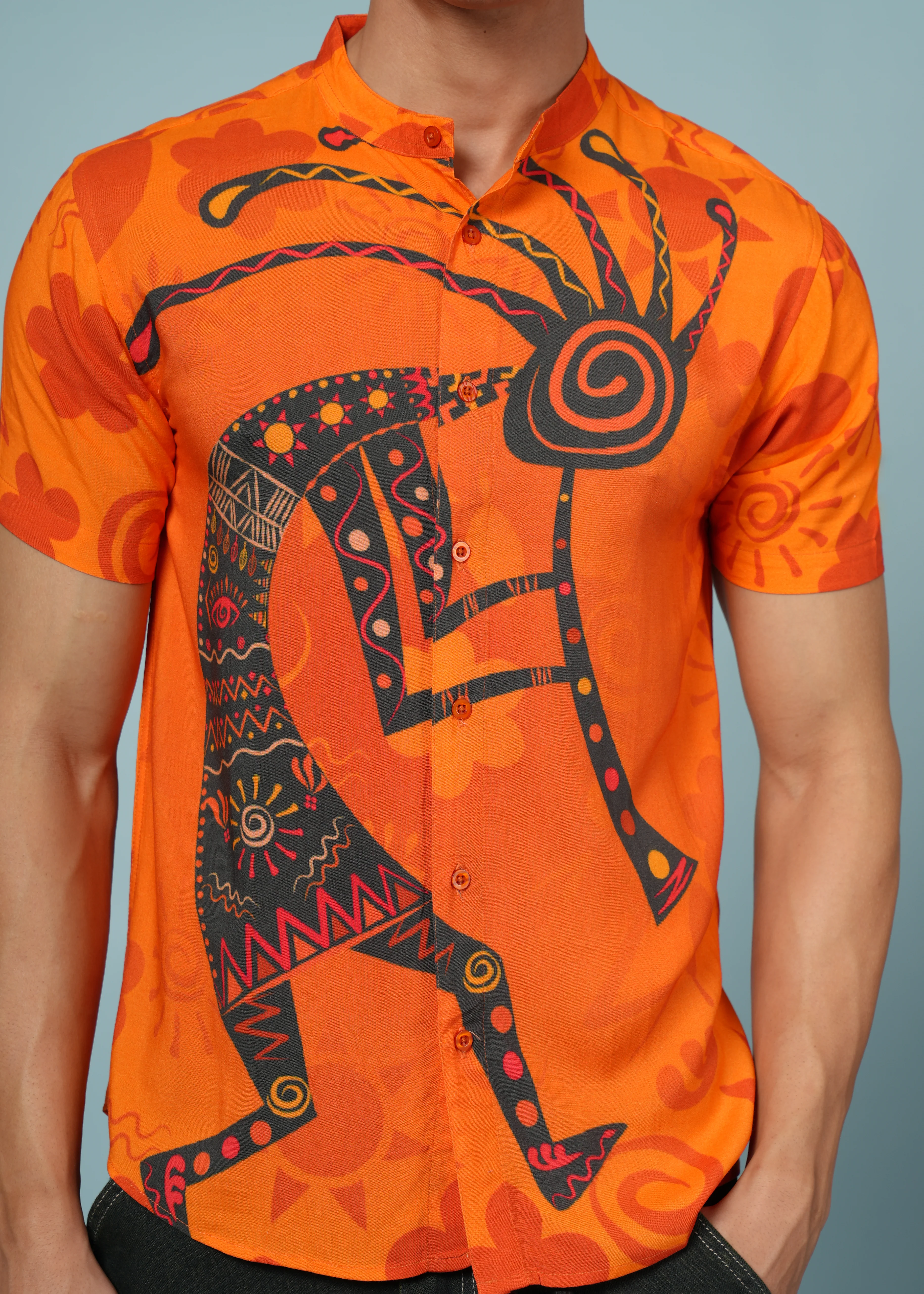 Men Printed Orange Viscose Rayon Shirt - Image 5