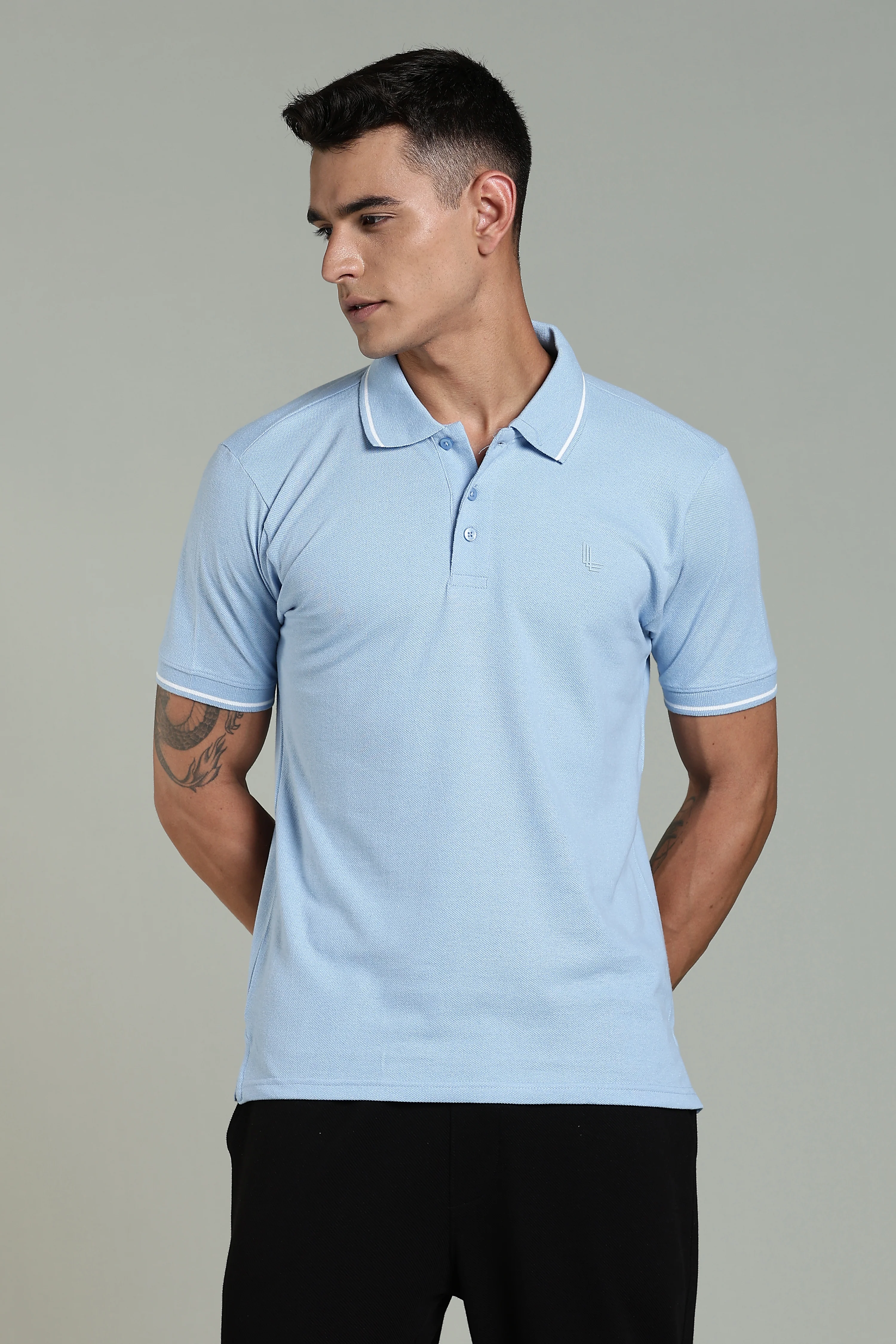 Men Solid Sky Blue Cotton Blend Tshirt - Image 5