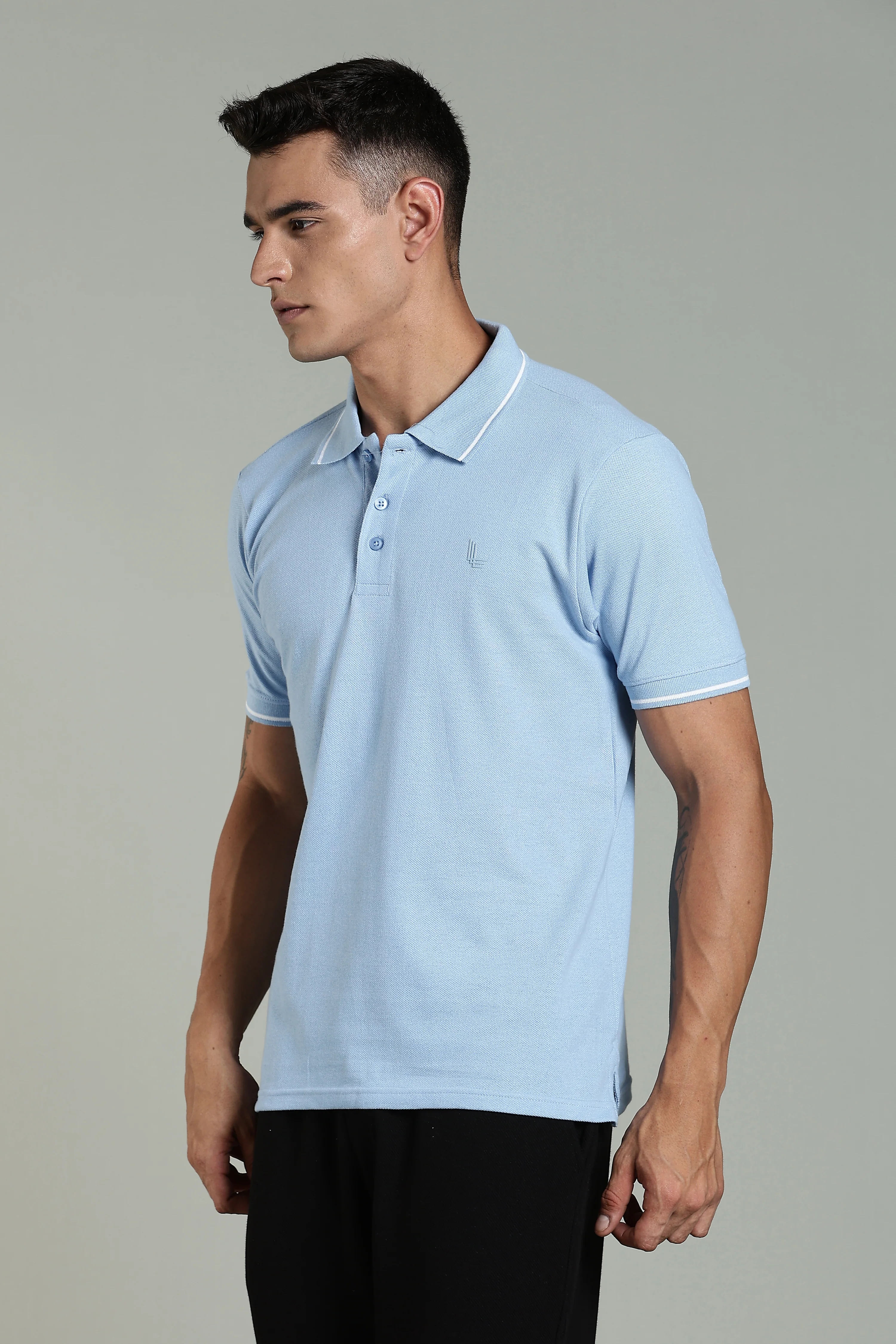 Men Solid Sky Blue Cotton Blend Tshirt - Image 6